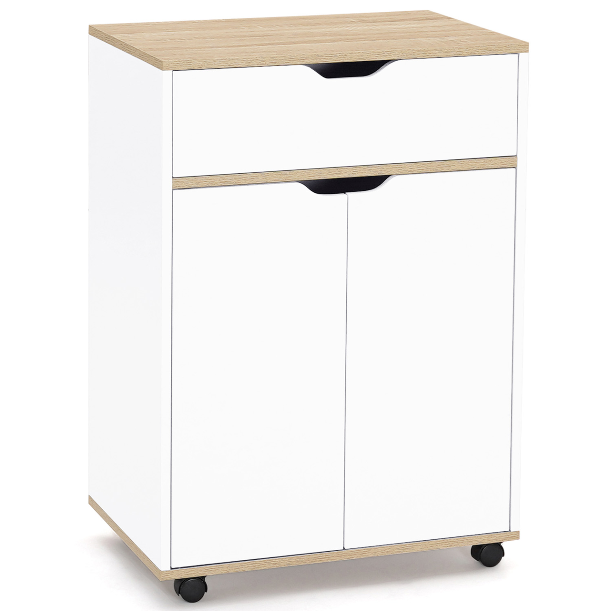 ID MARKET Desserte de cuisine cosy placard avec tiroir bois blanc et plateaux façon hêtre l.60 cm