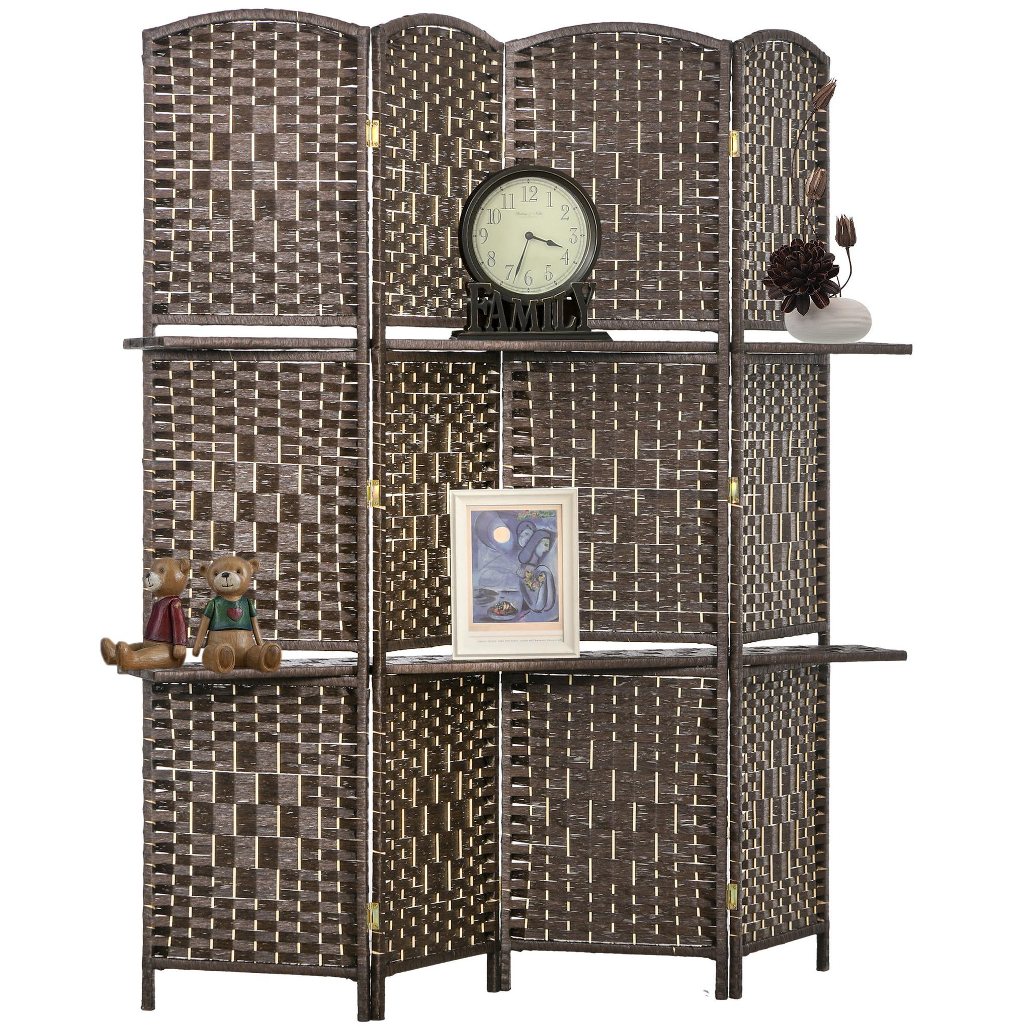 HOMCOM Paravent séparateur de pièce 4 panneaux pliables dim. 160L x 170H cm - 2 étagères - bois fibre papier brun