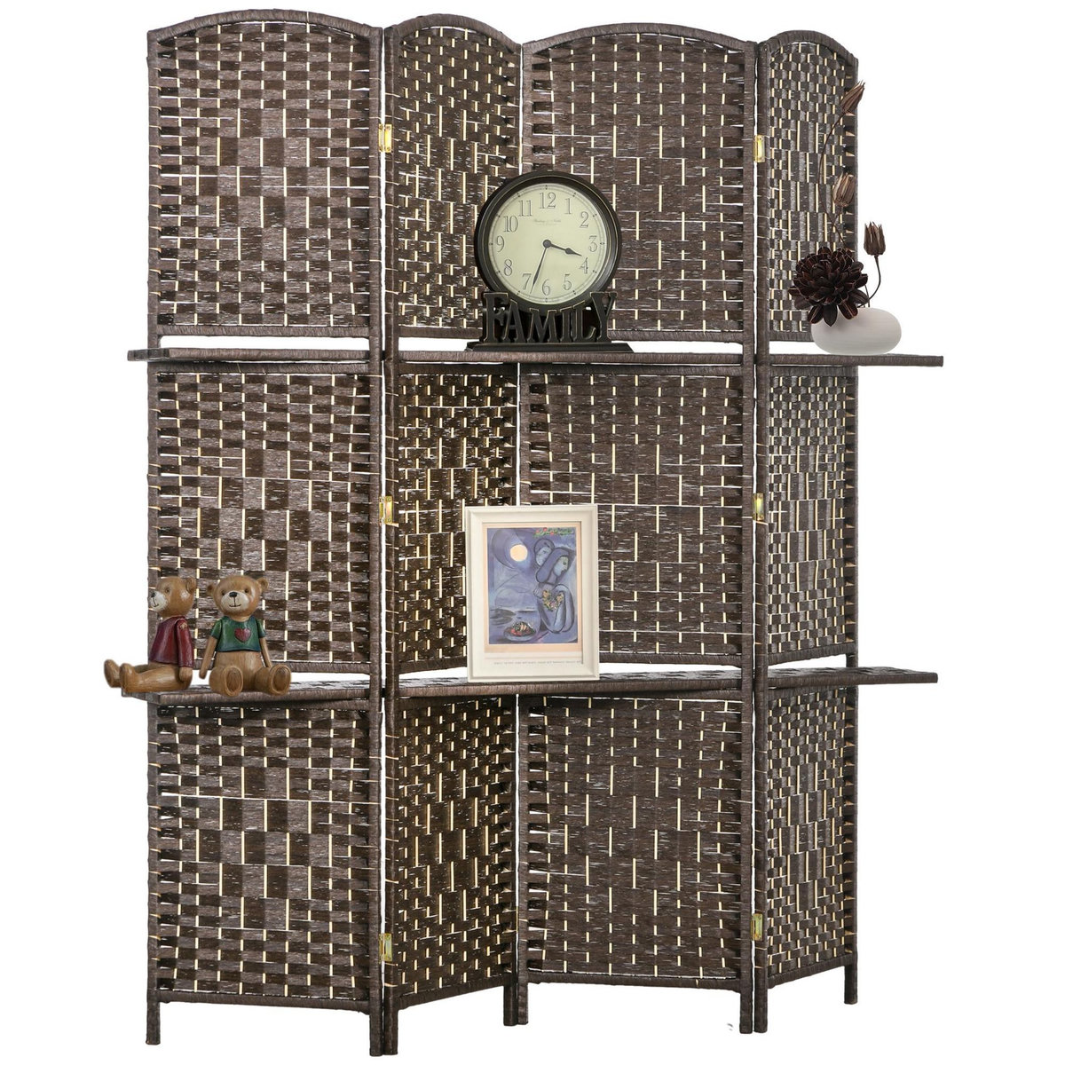 HOMCOM Paravent séparateur de pièce 4 panneaux pliables dim. 160L x 170H cm - 2 étagères - bois fibre papier brun
