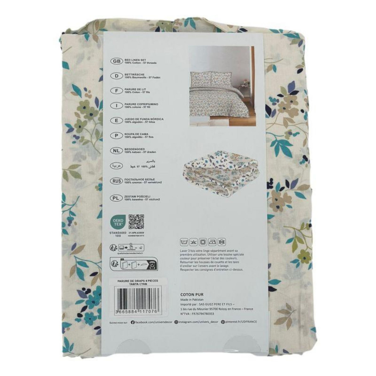 COTON PUR Parure de draps 4 pièces pour lit 160 x 200 cm  Grande largeur  Tanya cyan