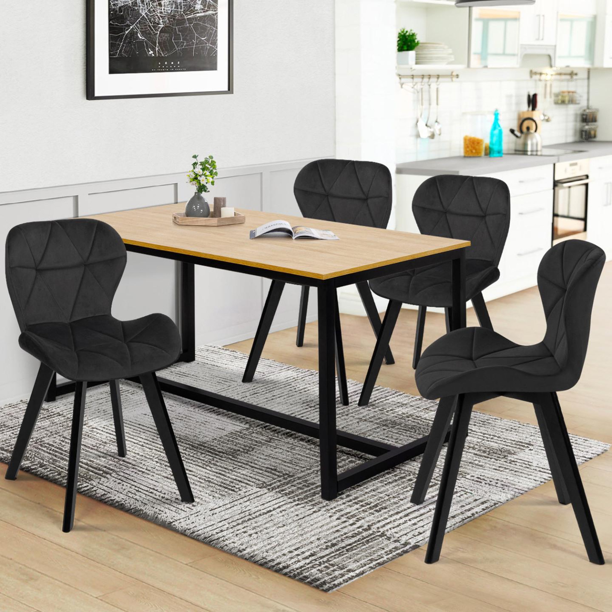 Voir la diapositive 2 : ID MARKET Lot de 4 chaises robine en velours noir pieds noirs