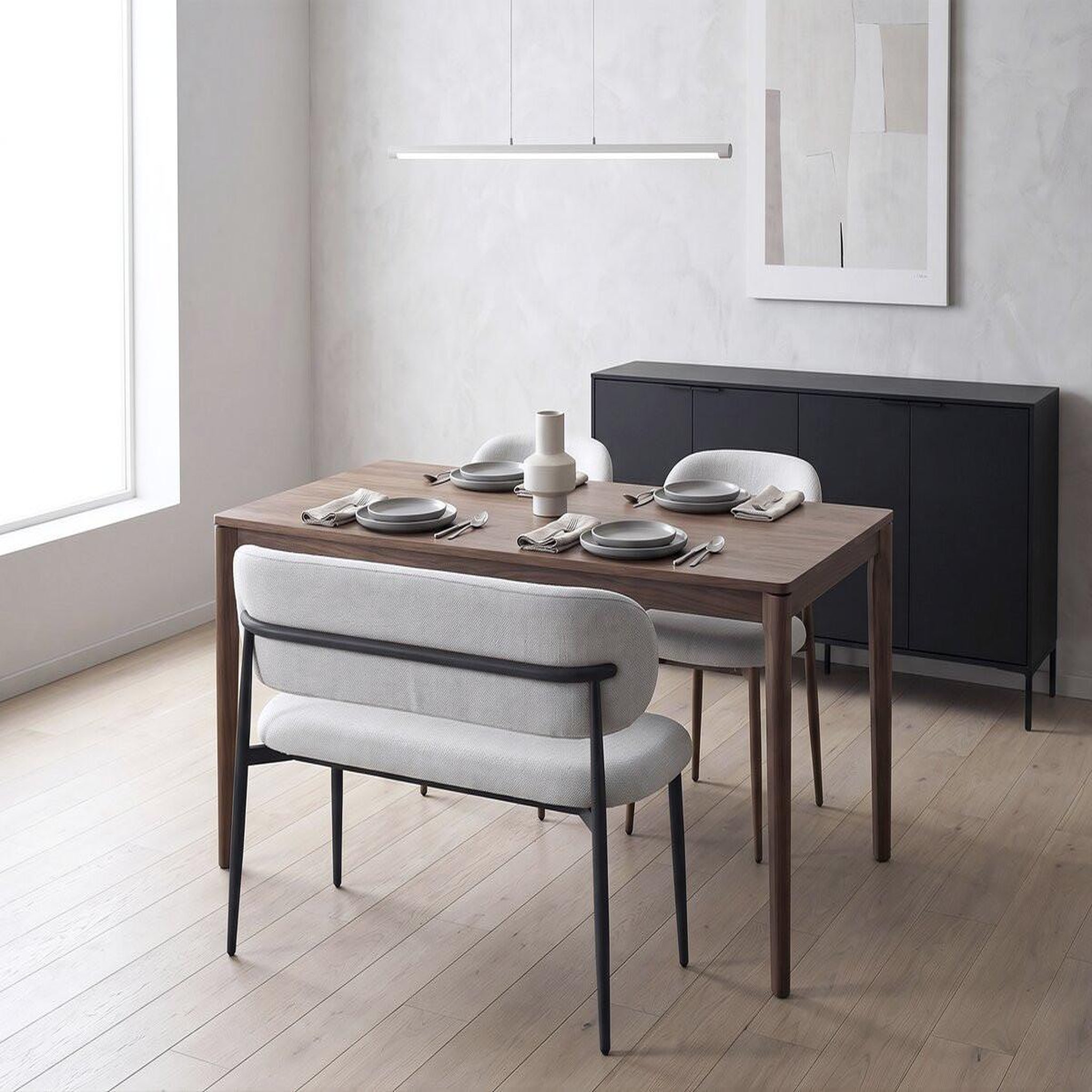 Voir la diapositive 2 : Habitat et Jardin Banc de salle à manger en tissu - 110 cm -  sélène  - 3 places - gris clair et noir
