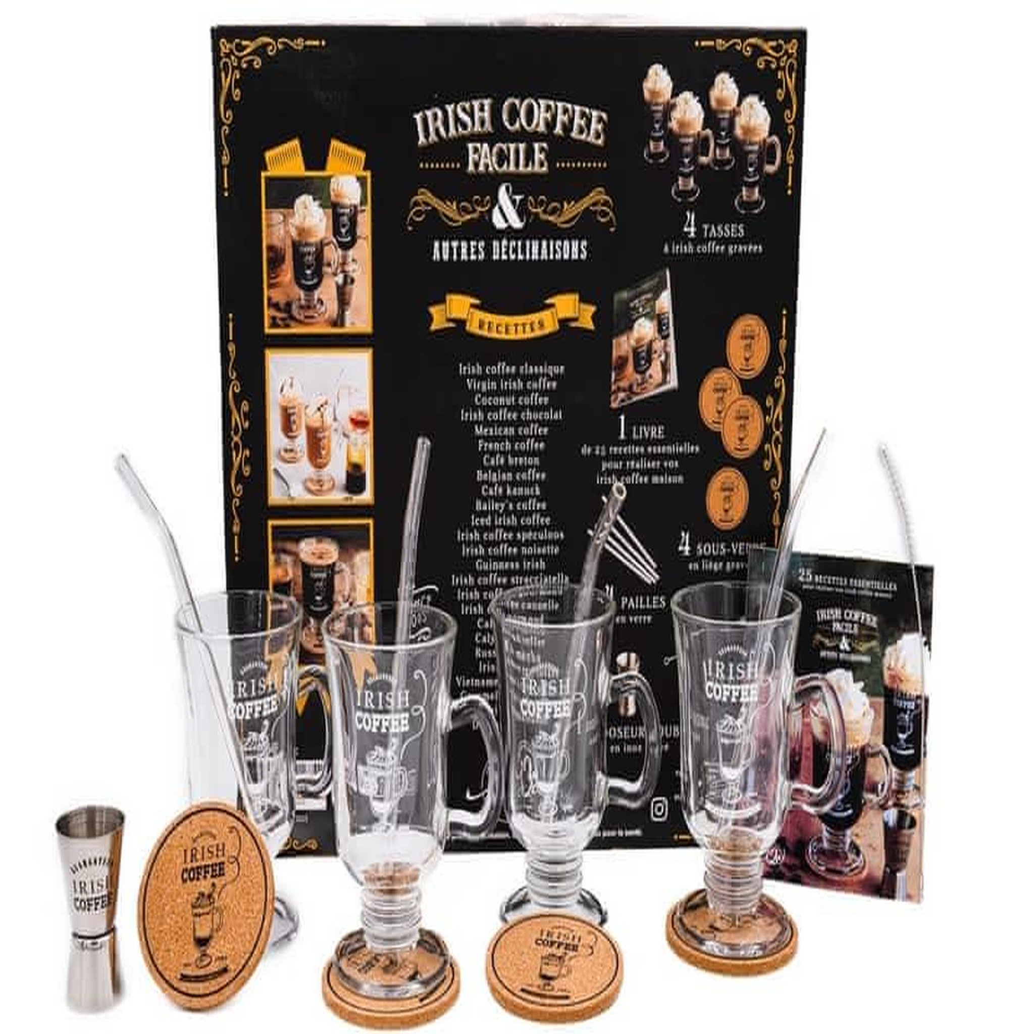 IRISH COFFEE FACILE & AUTRES DECLINAISONS. COFFRET AVEC 4 TASSES A IRISH COFFE GRAVEES, 4 PAILLES EN VERRE, 1 GOUPILLON, 1 DOSEUR DOUBLE EN INOX GRAVE, Hémon Albane