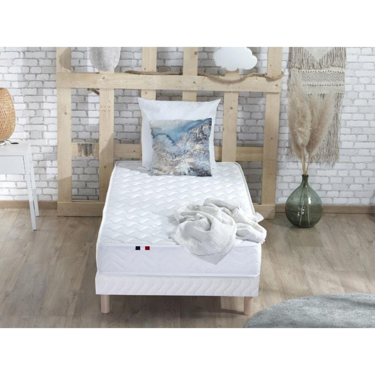 Ensemble Matelas Mousse Accueil Latex 3 Zones + Sommier 90x200 cm Blanc TOULON