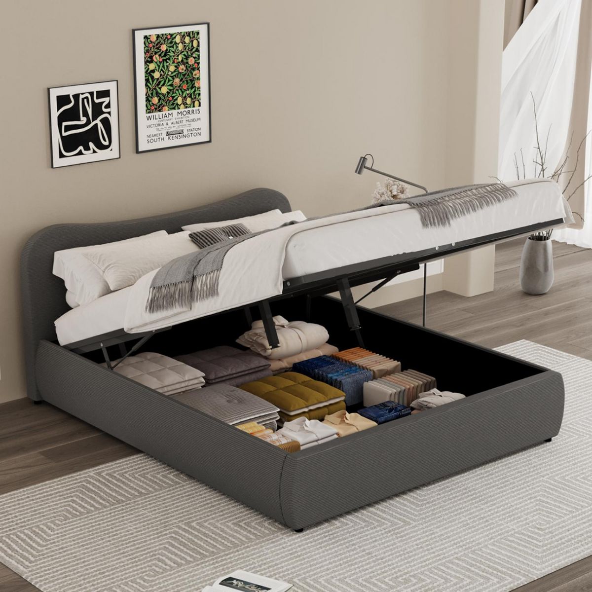 CONCEPT USINE Lit coffre 140x190cm design arrondi velours côtelé gris PLANO