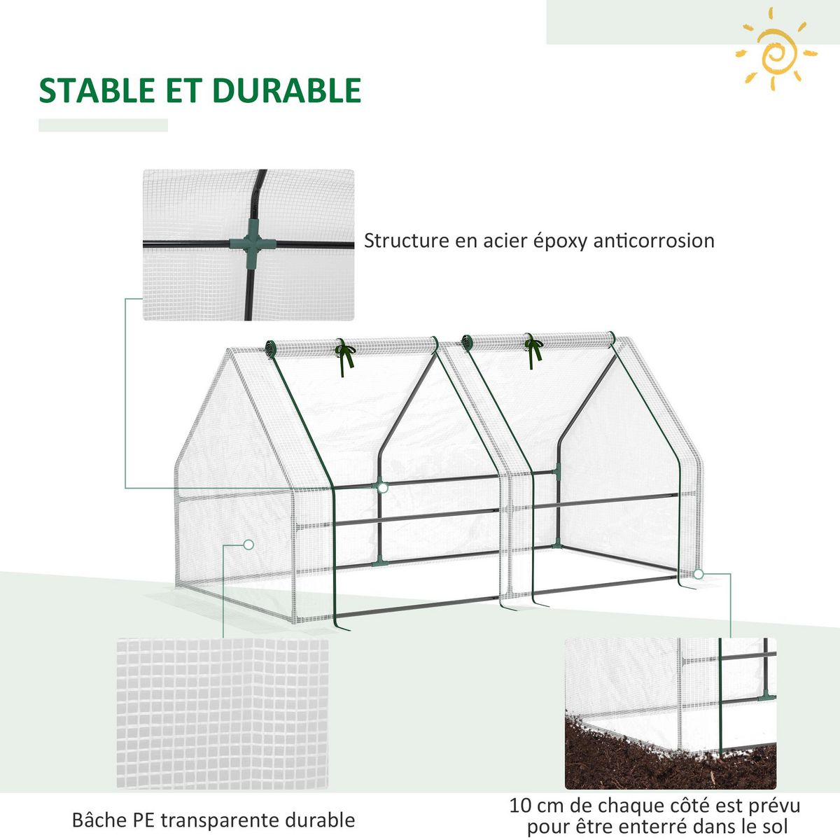 OUTSUNNY Mini serre de jardin serre à tomates 180L x 90l x 90H cm acier PE haute densité 140 g/m² anti-UV 2 fenêtres avec zip enroulables blanc