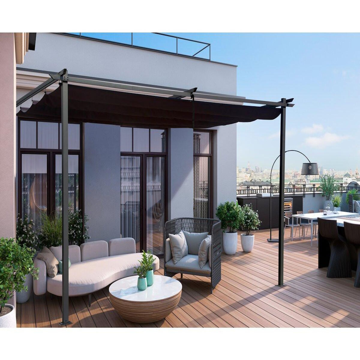 Habitat et Jardin Pergola adossée en métal avec toit rétractable -  3 x 4 m - Gris anthracite