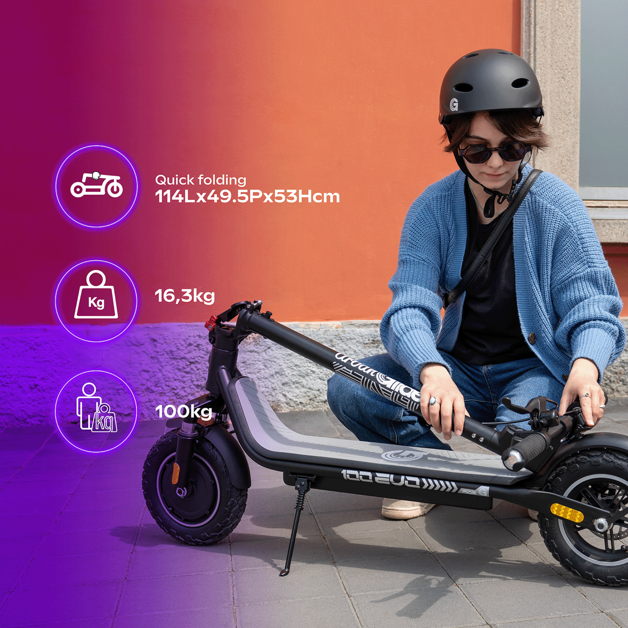 Voir la diapositive 2 : URBANGLIDE 100 evo – trottinette électrique adulte urbanglide – pneu cross 10  gonflable – batterie 25.2v – autonomie jusqu'a 25 km – poids 16kg