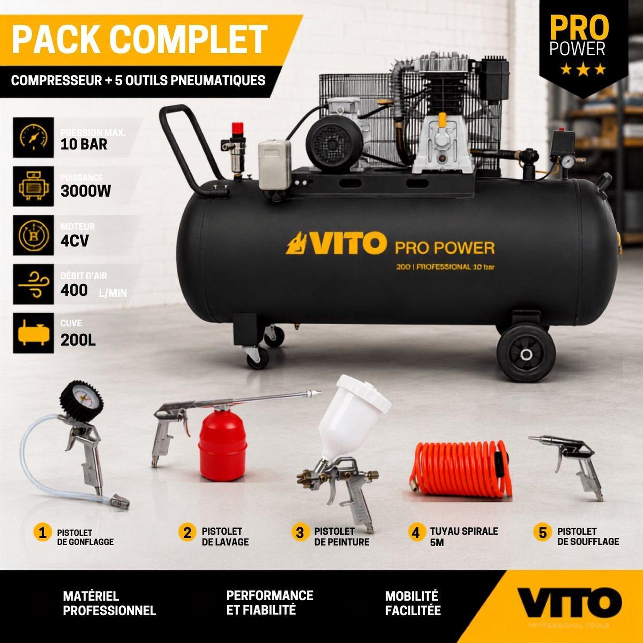 Voir la diapositive 2 : VITO Compresseur d'air 200l 10bar 3kw 400l/min + 5 outils pneumatiques kit complet gonflage soufflage peinture garage atelier vito