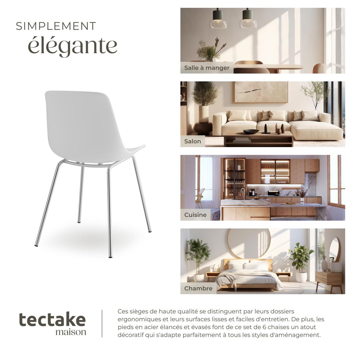 tectake Chaises en plastique grande coupe en plastique blanc/gris chrome Lot de 6