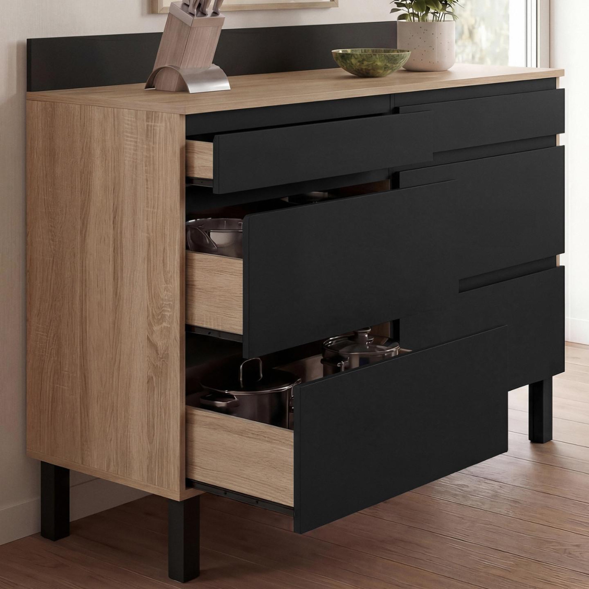Voir la diapositive 2 : ID MARKET Buffet bas double casserolier de cuisine 120 cm claude plan de travail h. 83 cm 6 tiroirs bois et noir