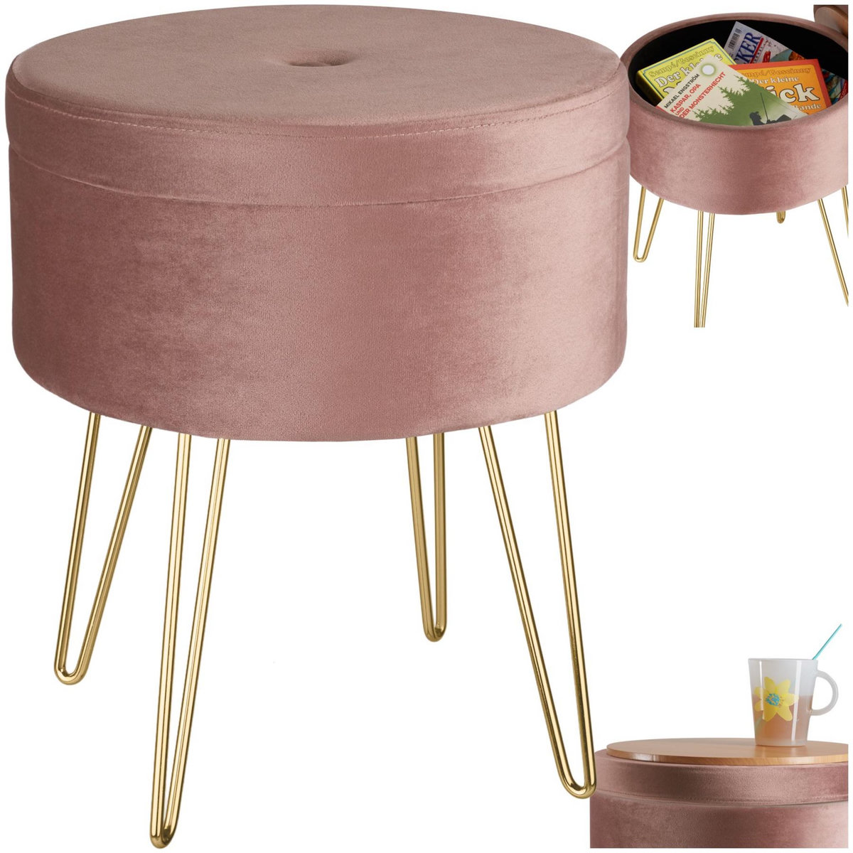 tectake Tabouret avec espace de rangement rond rose