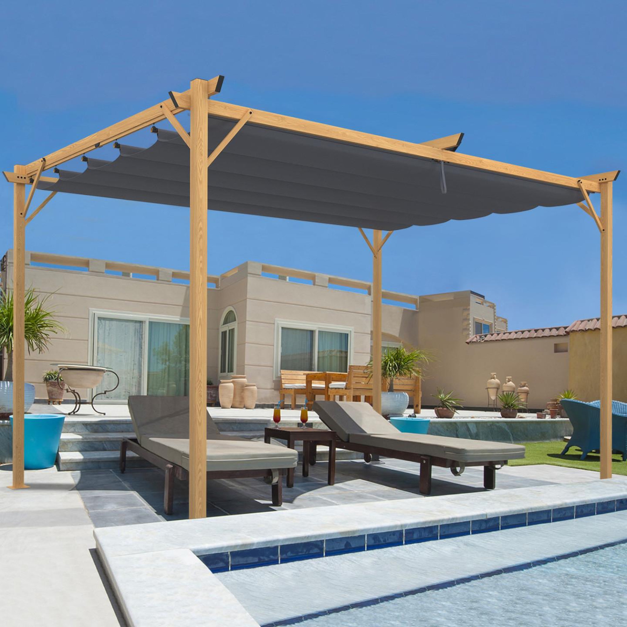 Voir la diapositive 2 : ID MARKET Pergola toit rétractable 4 pieds 3x4 m tonnelle effet bois toile gris anthracite