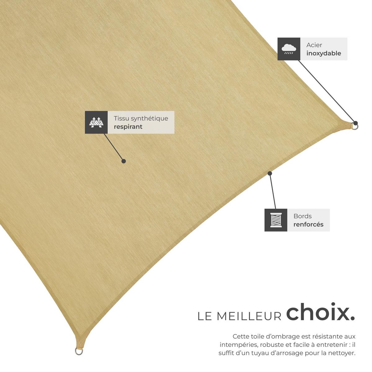 tectake Voile d'ombrage carrée carrée avec une protection UV 50+ beige 5,4 x 5,4 m