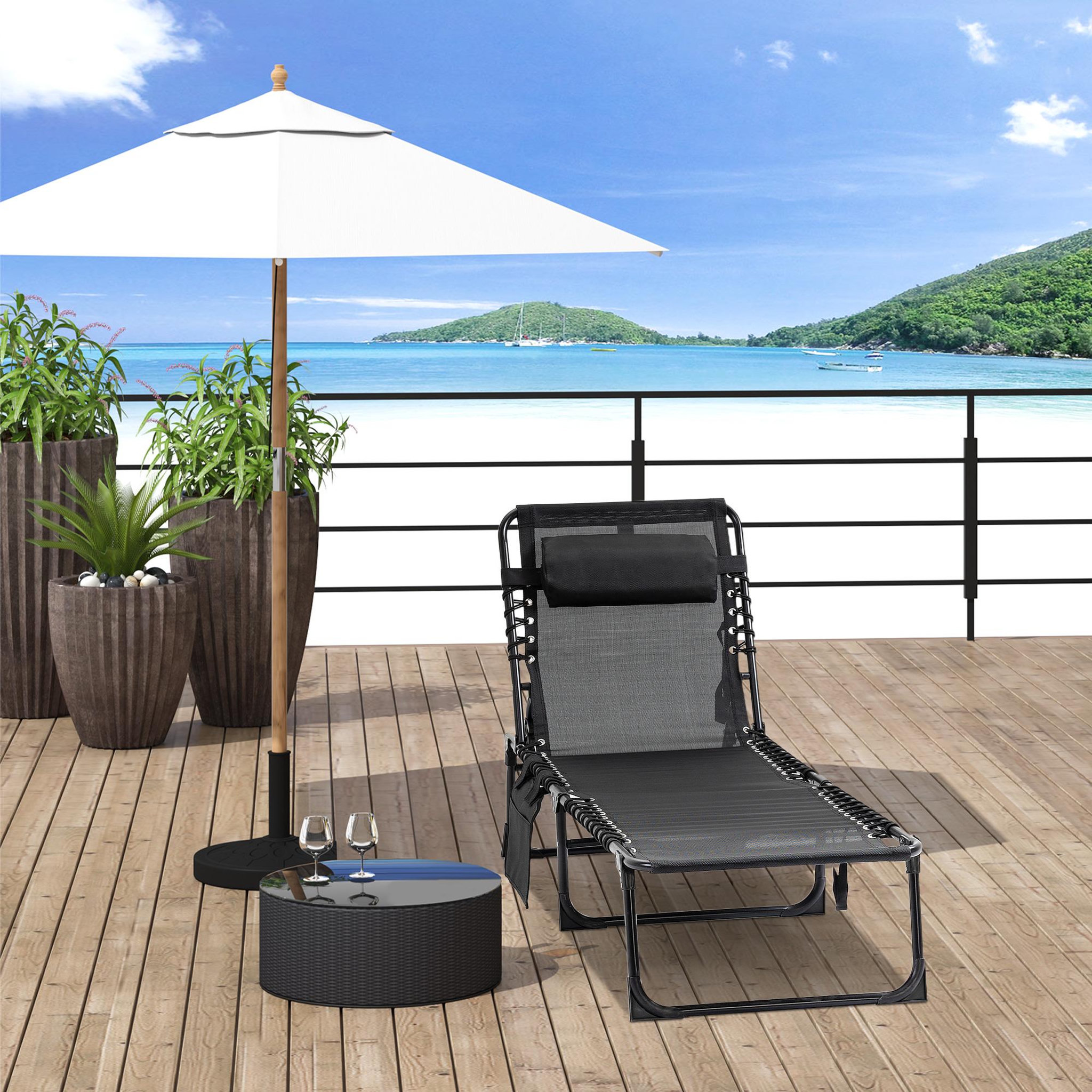 Voir la diapositive 2 : OUTSUNNY Bain de soleil transat pliable avec poignée - dossier inclinable multi-positions, pochette, tétière - acier époxy lacets élastiques textilène noir