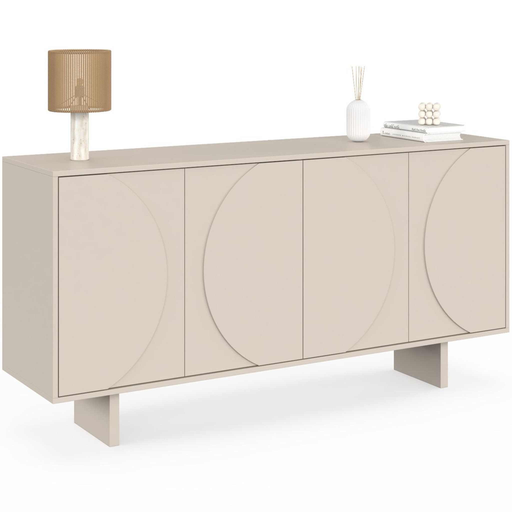 ID MARKET Buffet 160 cm ARVIN 4 portes avec reliefs arrondis bois coloris beige