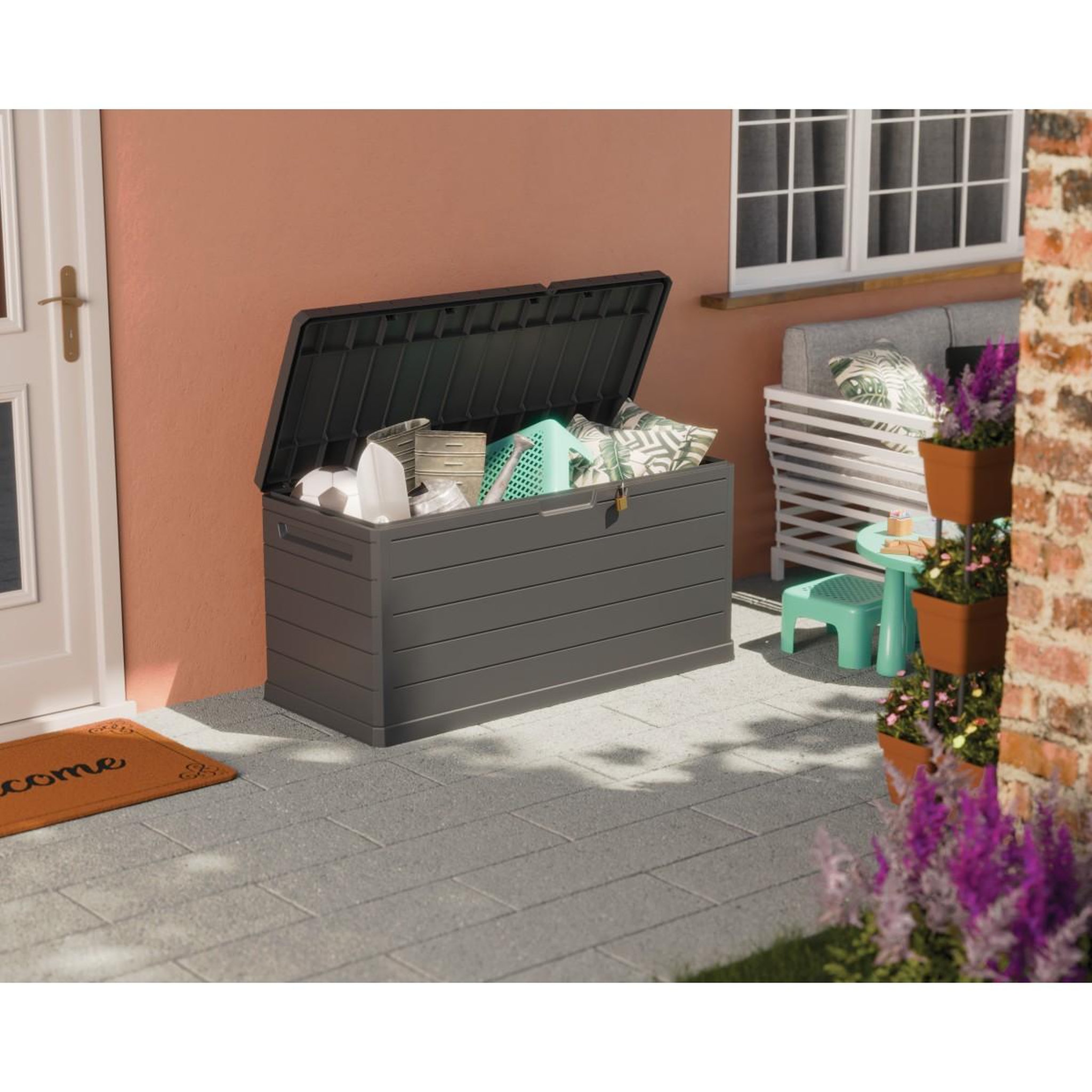 Voir la diapositive 4 : ART PLAST Coffre de rangement extérieur 350L - Coffre de Jardin Gris 118.5x52x57cm - Poignées de transport - Résistant à l'eau ArtPlast