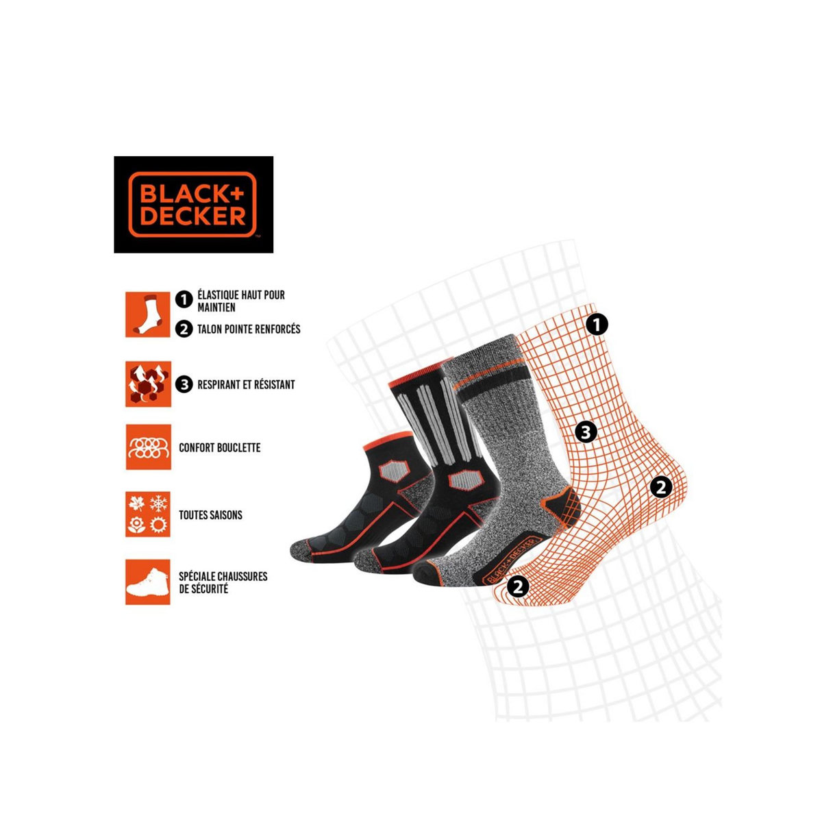 Black et Decker Lot de 6 Paires de Chaussettes hautes de travail DEK