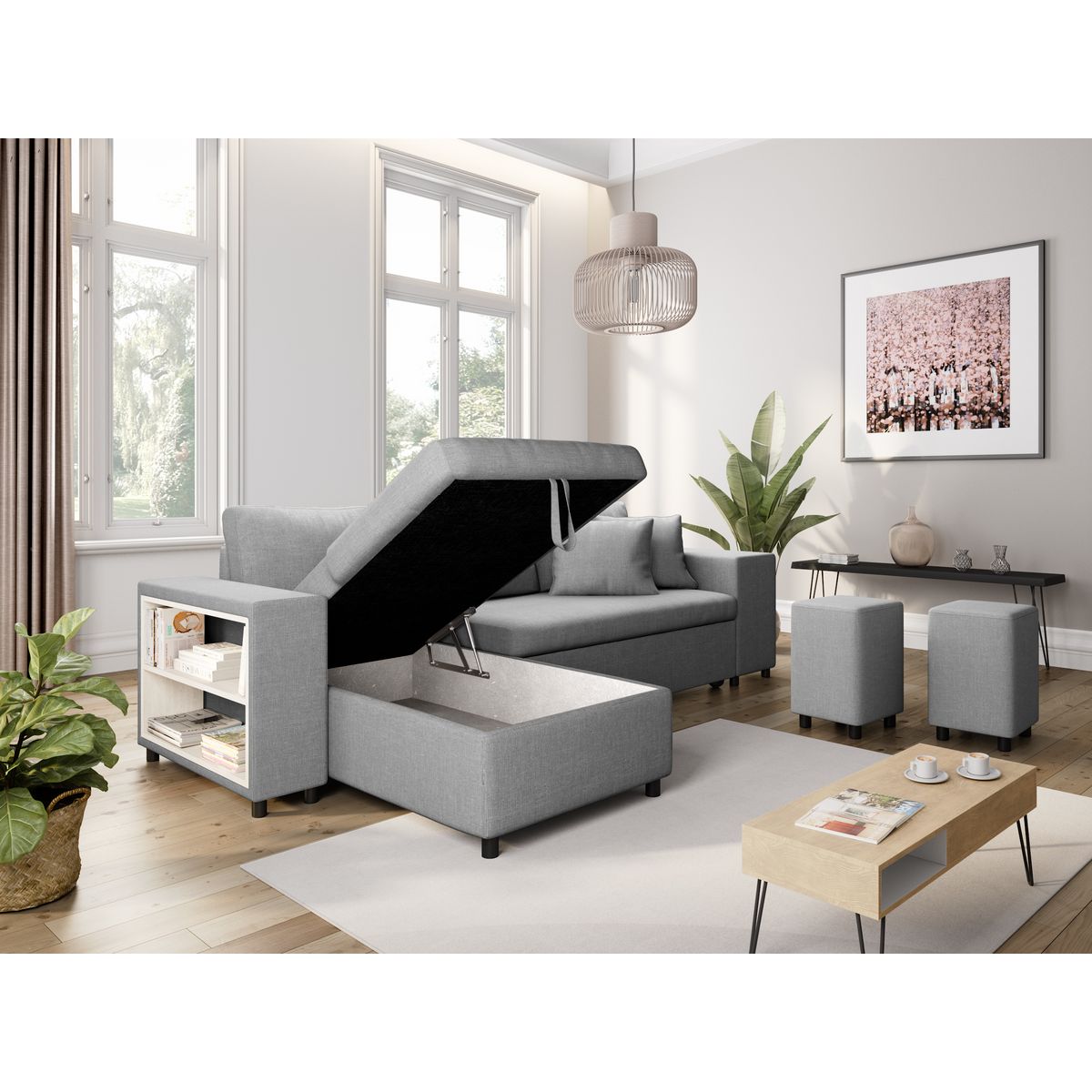 Canapé d'angle convertible avec coffre 3 places + 2 poufs à droite et étagère à gauche MACHA