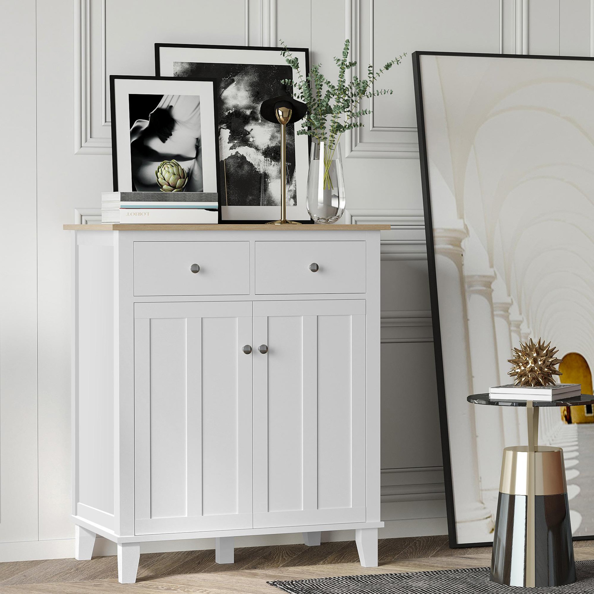 Voir la diapositive 2 : HOMCOM Buffet multi-rangement 2 portes avec étagère 2 tiroirs coulissants panneaux particules blanc aspect bois clair