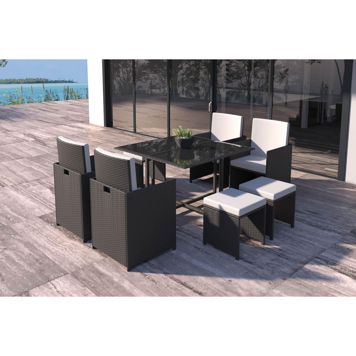 CONCEPT USINE Table et chaises 8 places en résine tressée noir et blanc FLORIDA