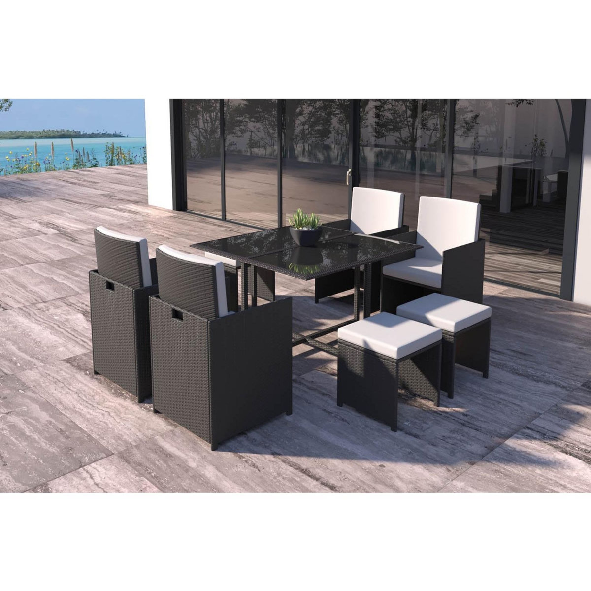 CONCEPT USINE Table et chaises 8 places en résine tressée noir et blanc FLORIDA