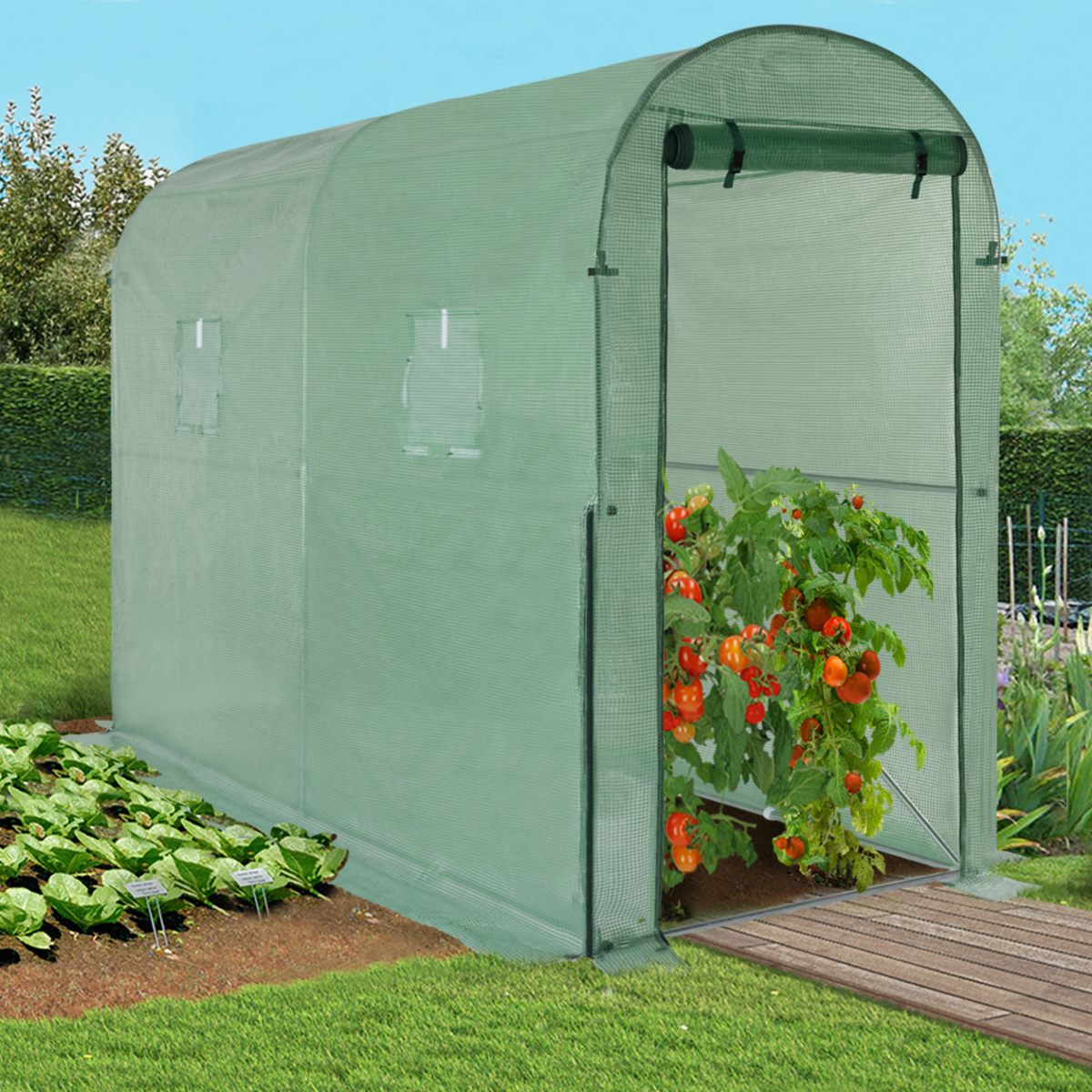 ID MARKET Serre à tomates relevable 3m² verte 2 fenêtres avec moustiquaire et porte zippée