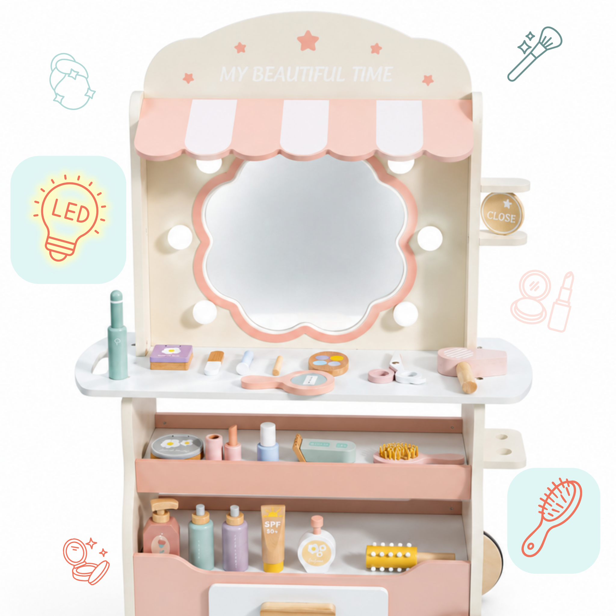 Voir la diapositive 4 : MAMABRUM Salon de Coiffure Bois Enfant Mamabrum Miroir LED 20 Accessoires 3 Ans+