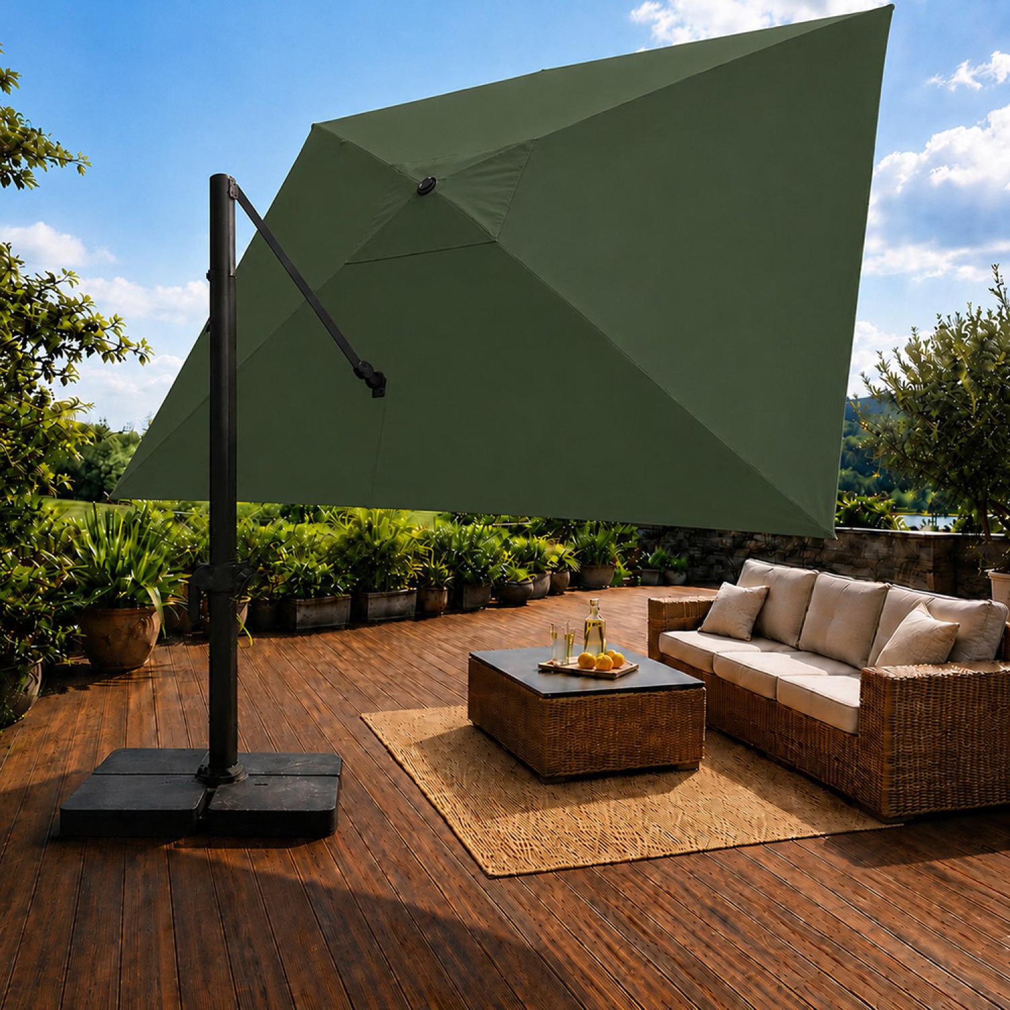 Voir la diapositive 6 : CONCEPT USINE Parasol rectangulaire 3x4 déporté rotatif vert en aluminium CEZIR