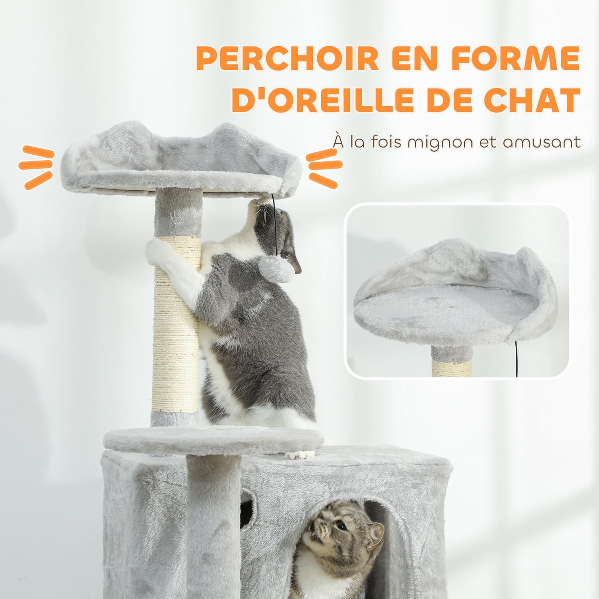 PAWHUT Arbre à chat grande taille H.180cm - niches, hamac, griffoirs, plateformes - gris clair
