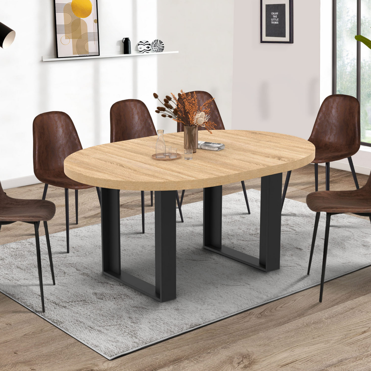 ID MARKET Table à manger extensible ronde PHOENIX 4-6 personnes bois et noir 110-150 cm