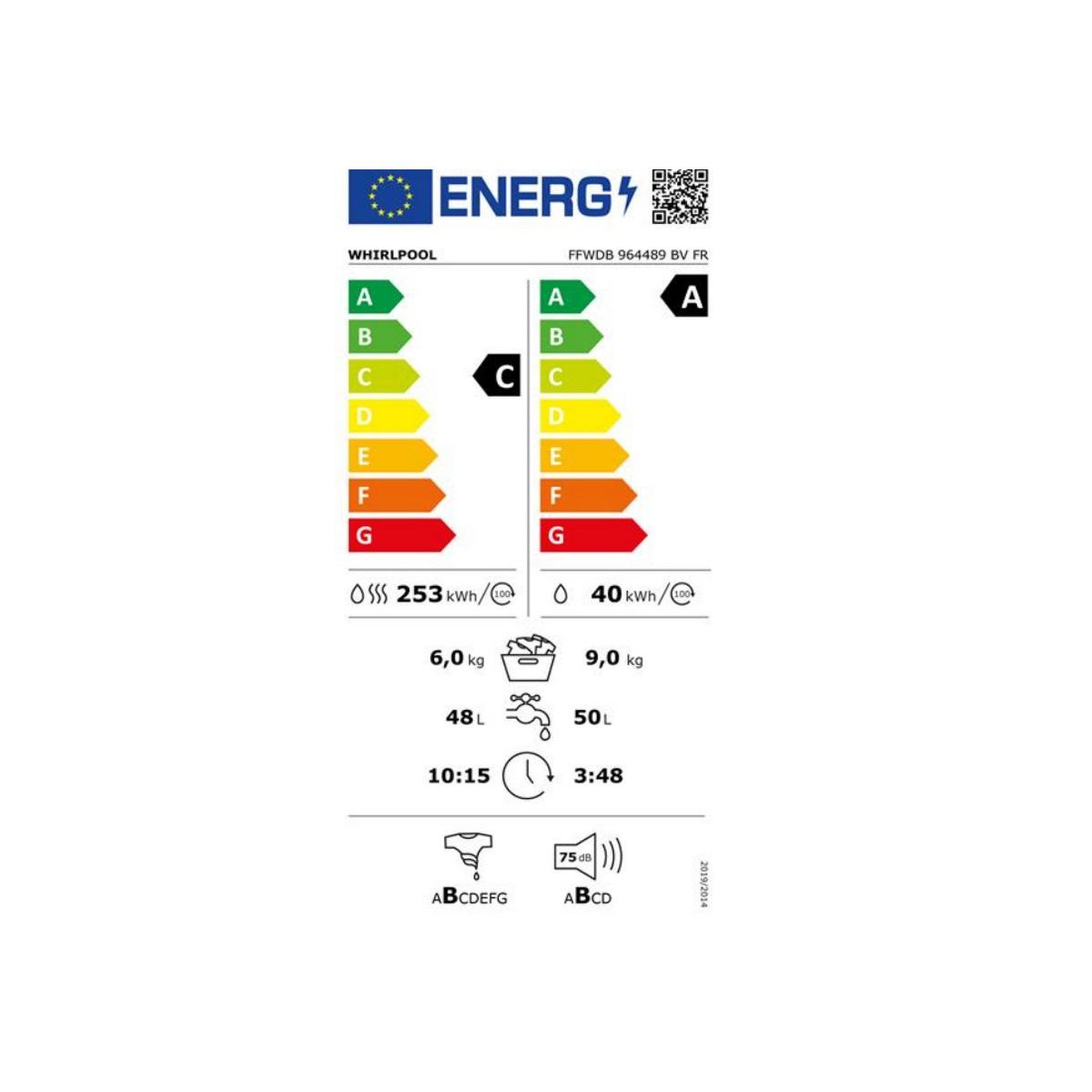 Voir la diapositive 2 : Whirlpool Lave-linge séchant 9/5kg 1400 tours/min - ffwdb964489bvfr