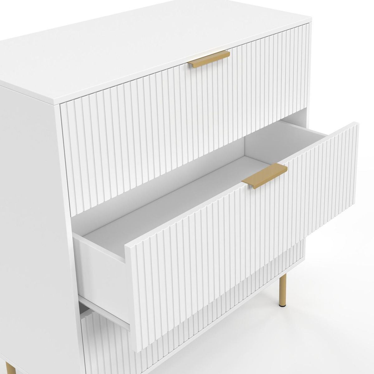 ID MARKET Commode 3 tiroirs MARCEL 80 cm lattes blanc et doré