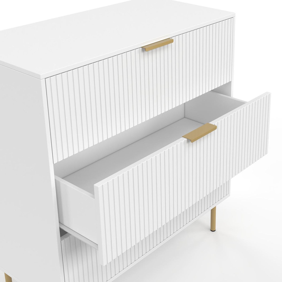 ID MARKET Commode 3 tiroirs MARCEL 80 cm lattes blanc et doré