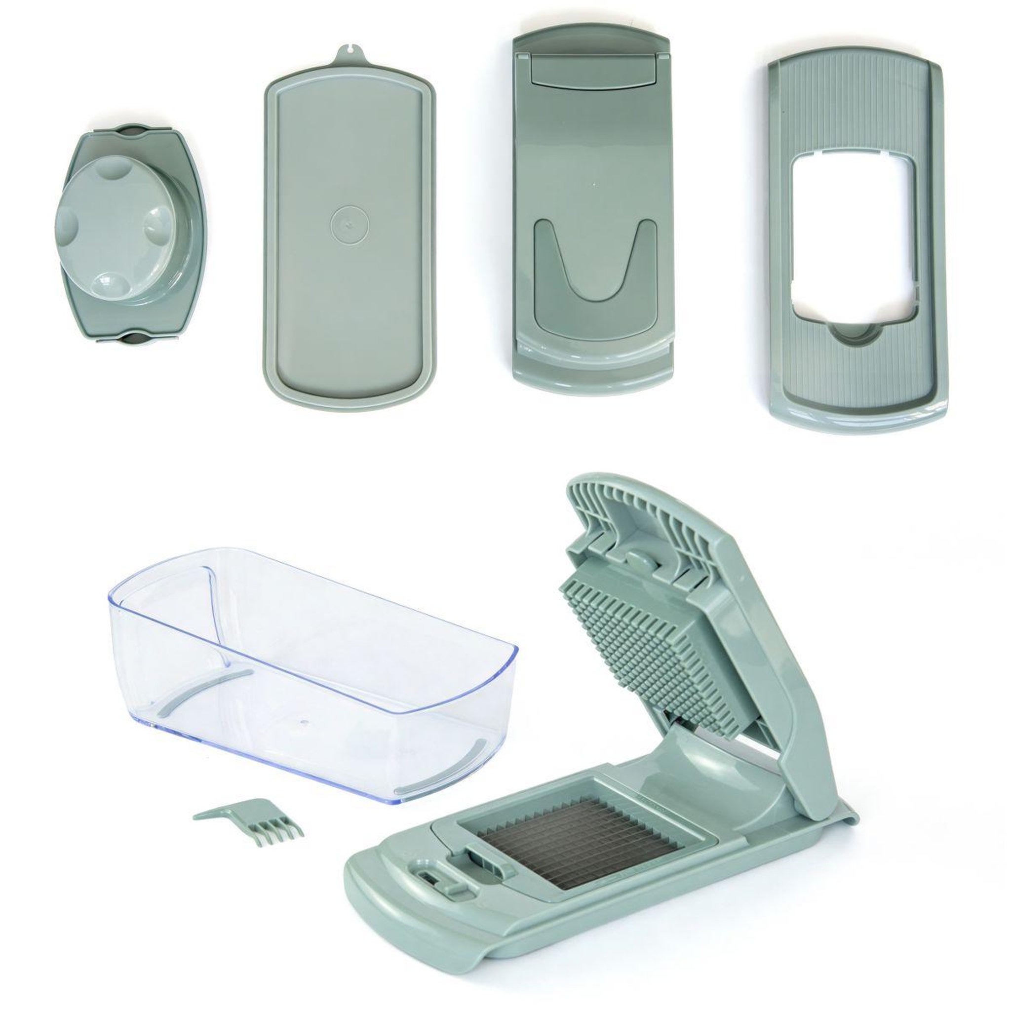 Voir la diapositive 4 : ESSENTIEL B Mandoline multifonction avec recipient vert sauge
