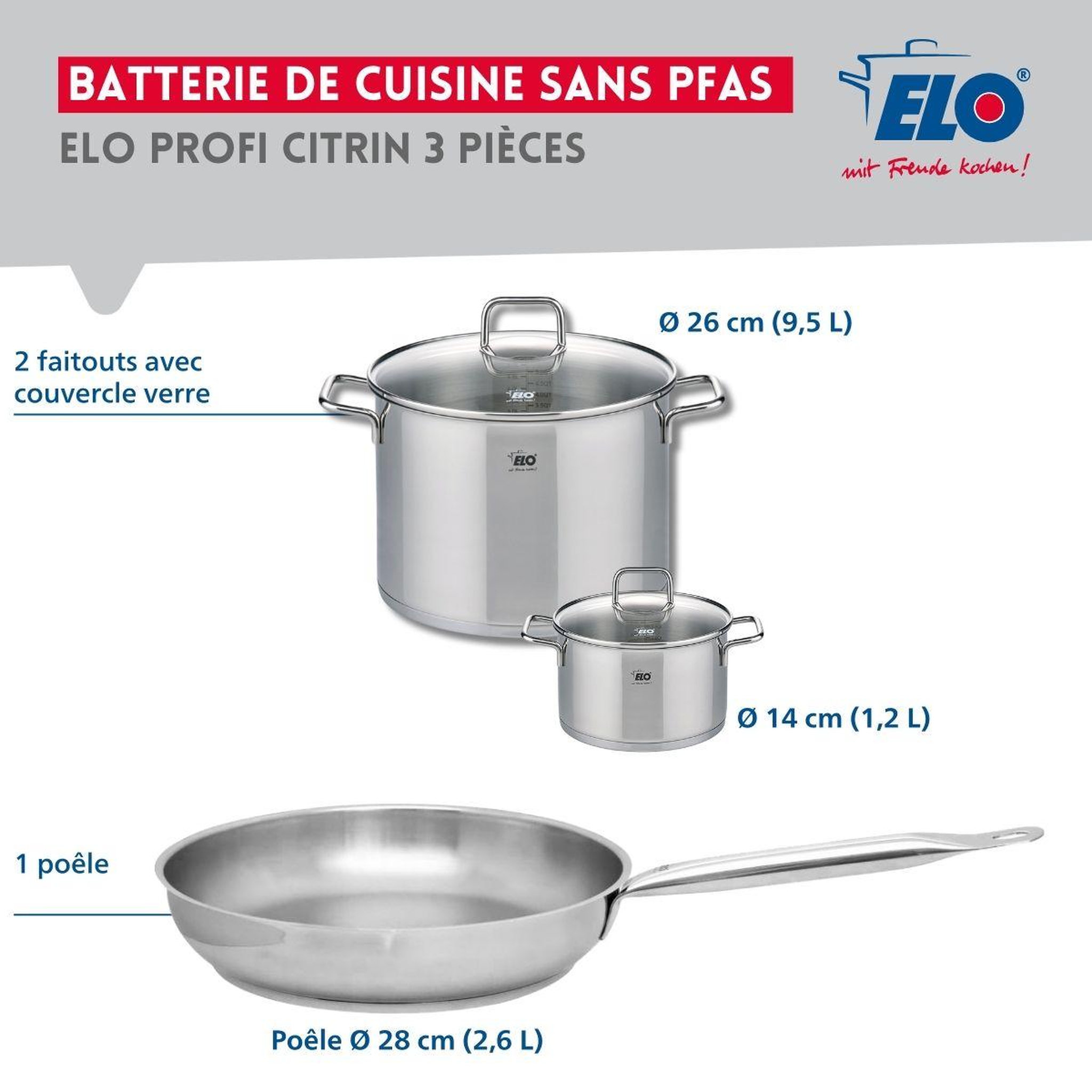 Voir la diapositive 2 : ELO Ensemble de 1 poêle de cuisson 28 cm et 2 faitouts 14 et 26 cm elo profi citrin