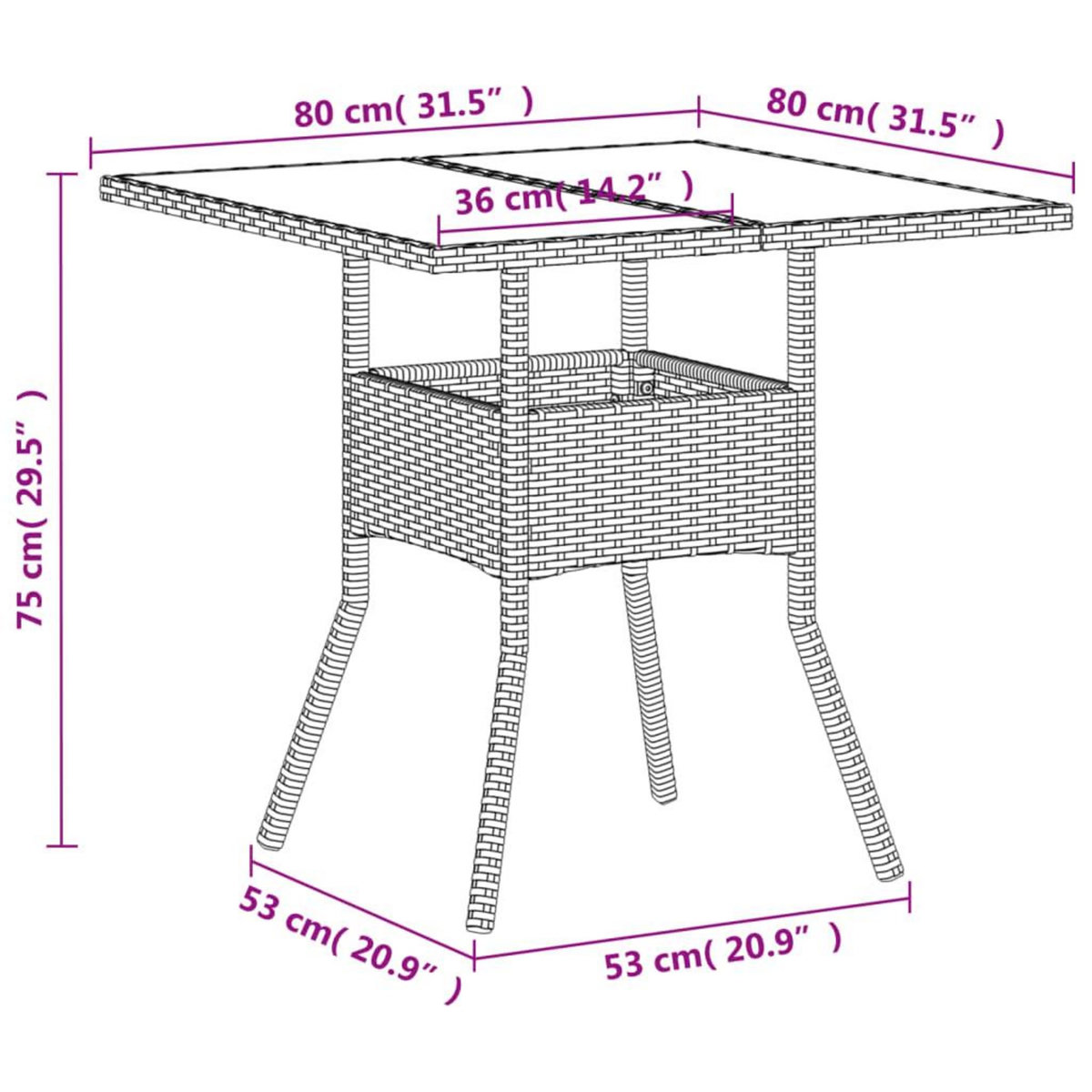 VIDAXL Table de jardin dessus en verre blanc 80x80x75cm resine tressee