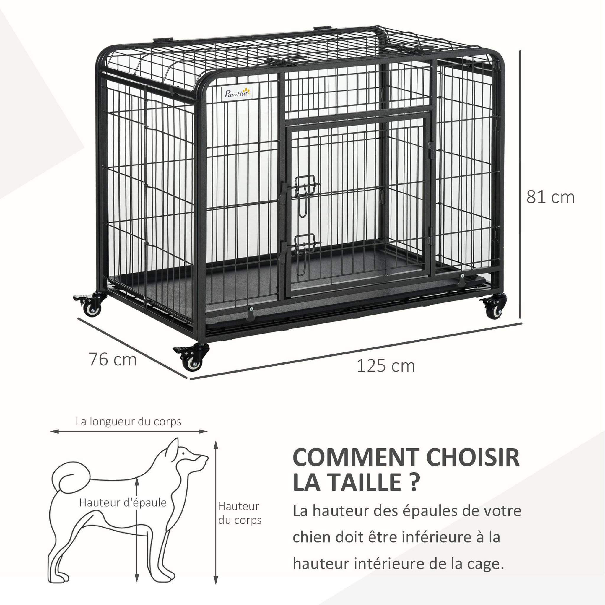 Voir la diapositive 3 : PAWHUT Cage pour chien pliable cage de transport sur roulettes 2 portes verrouillables plateau amovible dim. 125l x 76l x 81h cm métal gris noir