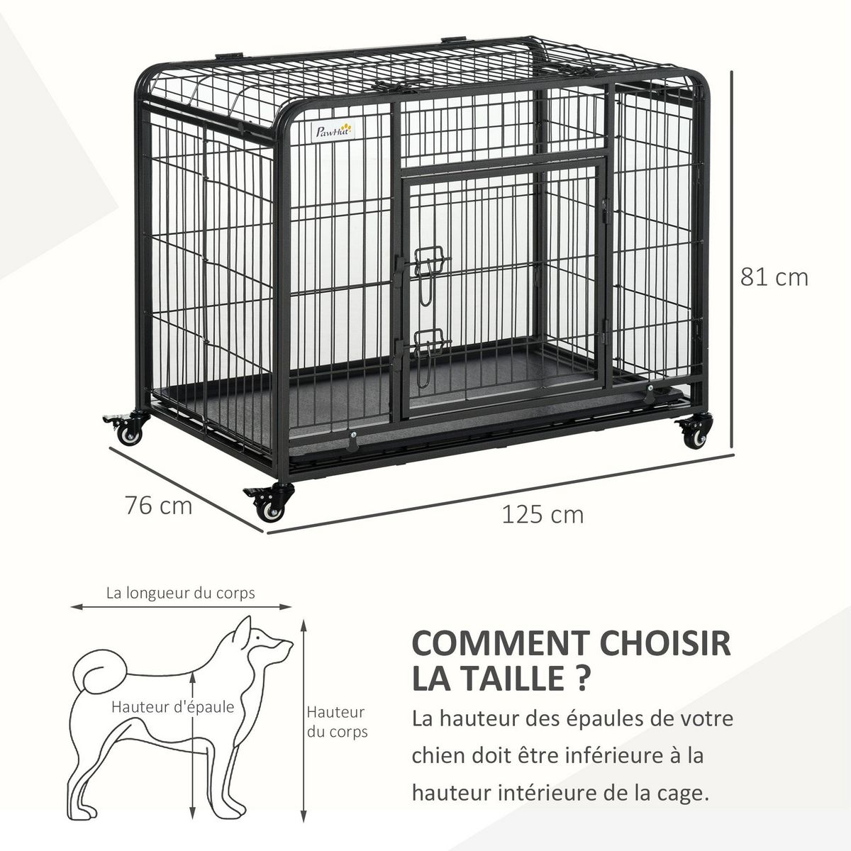 PAWHUT Cage pour chien pliable cage de transport sur roulettes 2 portes verrouillables plateau amovible dim. 125L x 76l x 81H cm métal gris noir