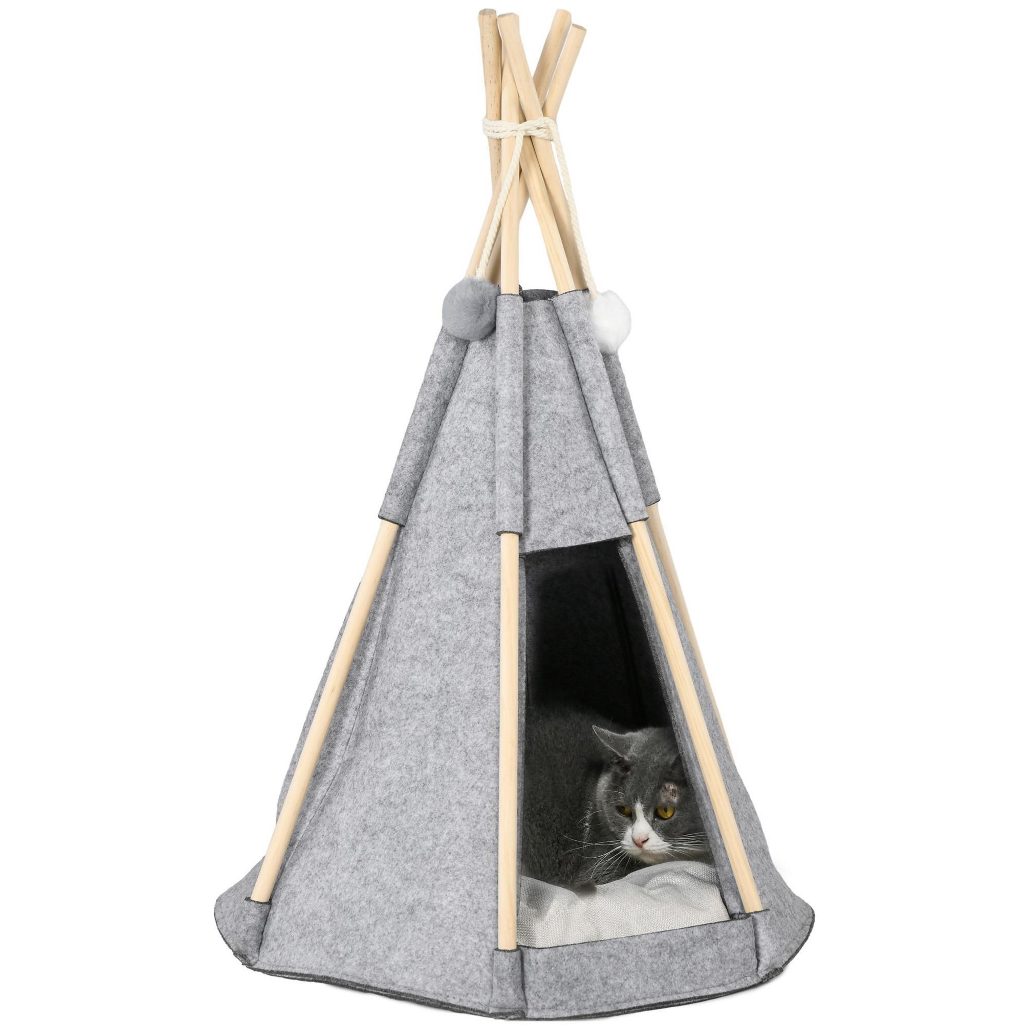 PAWHUT Tente tipi pour animaux - teepee chien chat - coussin épais grand confort inclus - structure bois de pin feutre polyester gris