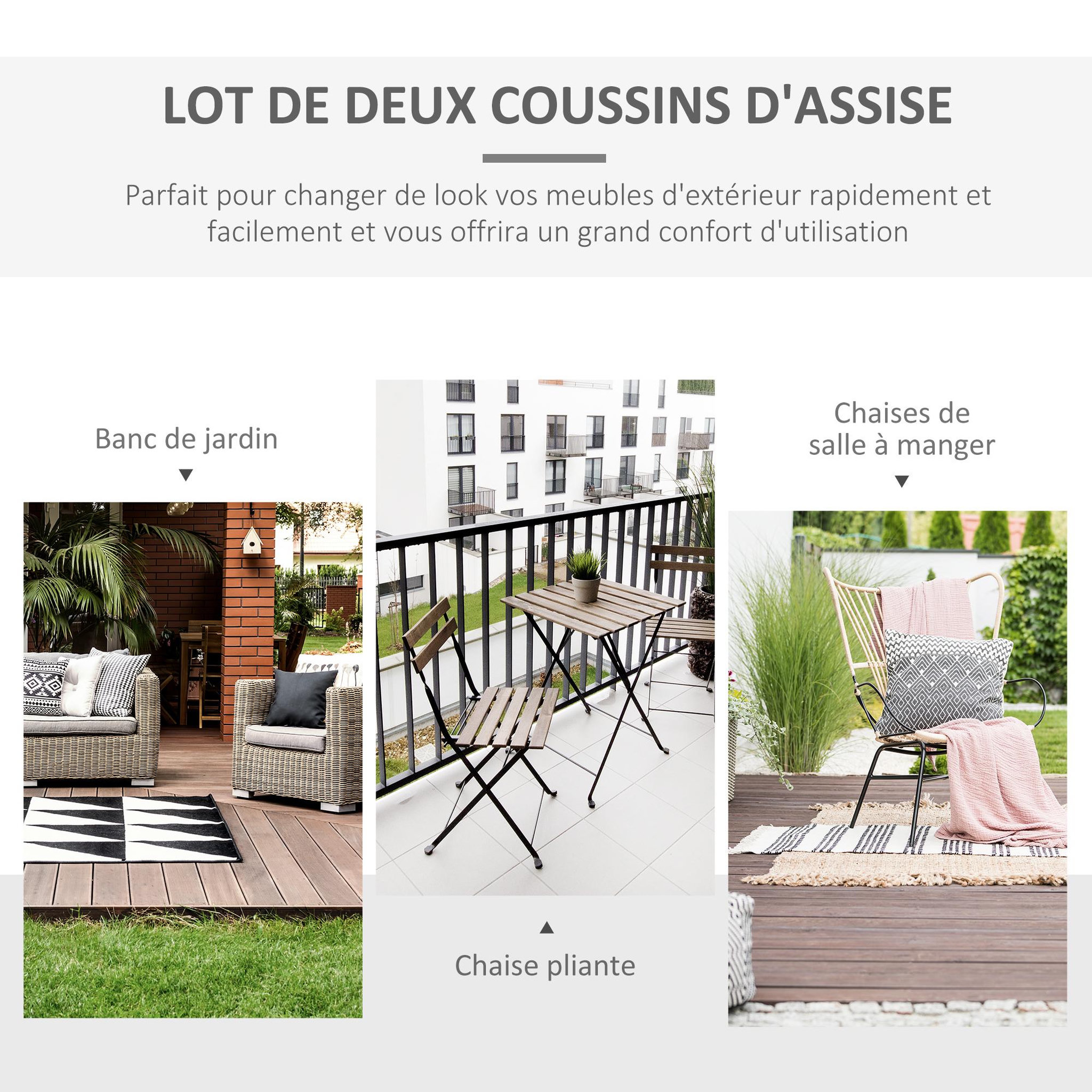 Voir la diapositive 6 : OUTSUNNY Lot de 2 coussins d'assise carrés chaises fauteuils tabourets - coussins déhoussables zippés avec cordons d'attache - dim. 45L x 45l cm ép. 5 cm - polyester gris