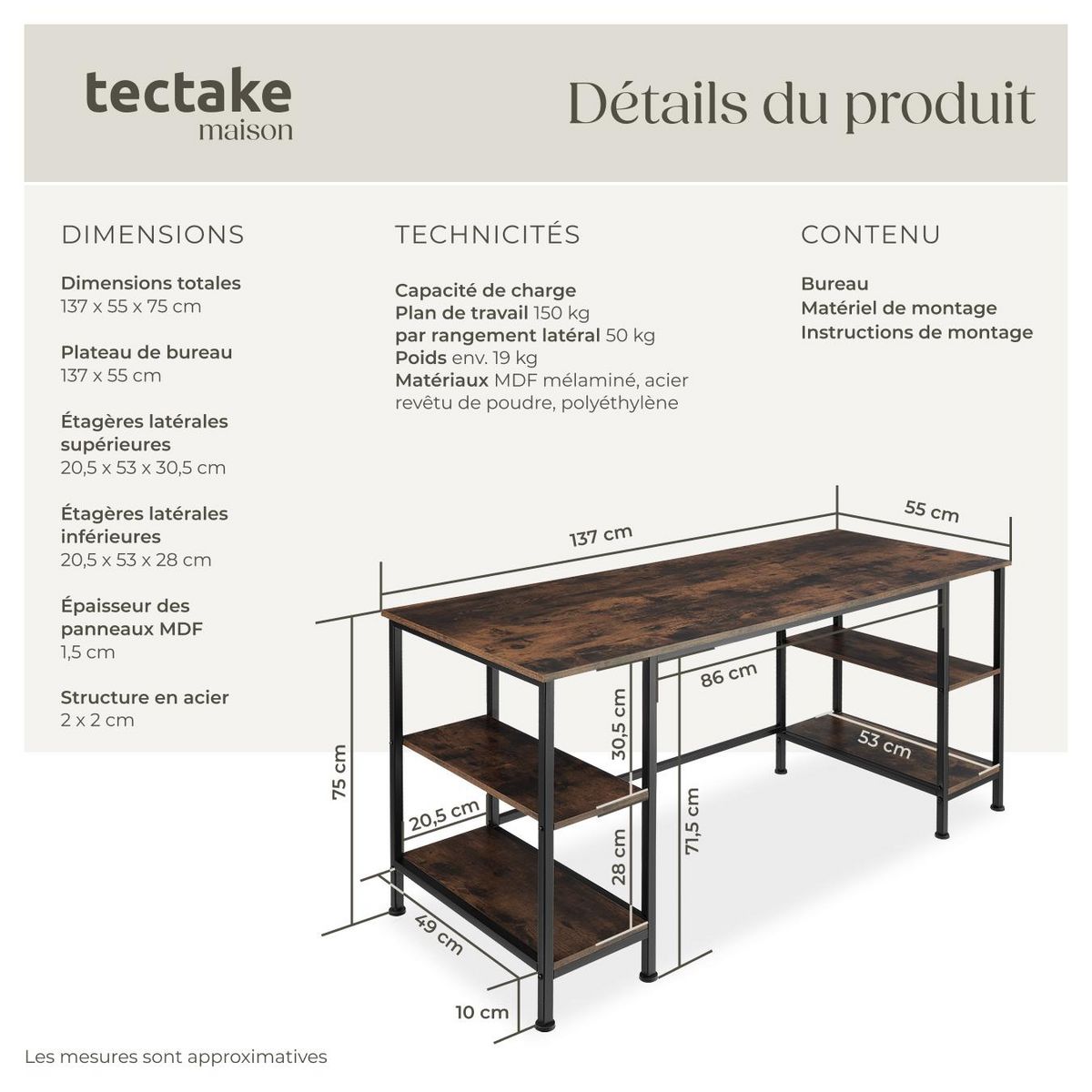 tectake Bureau Style industriel 2 étagères latérales avec 2 compartiments de stockage