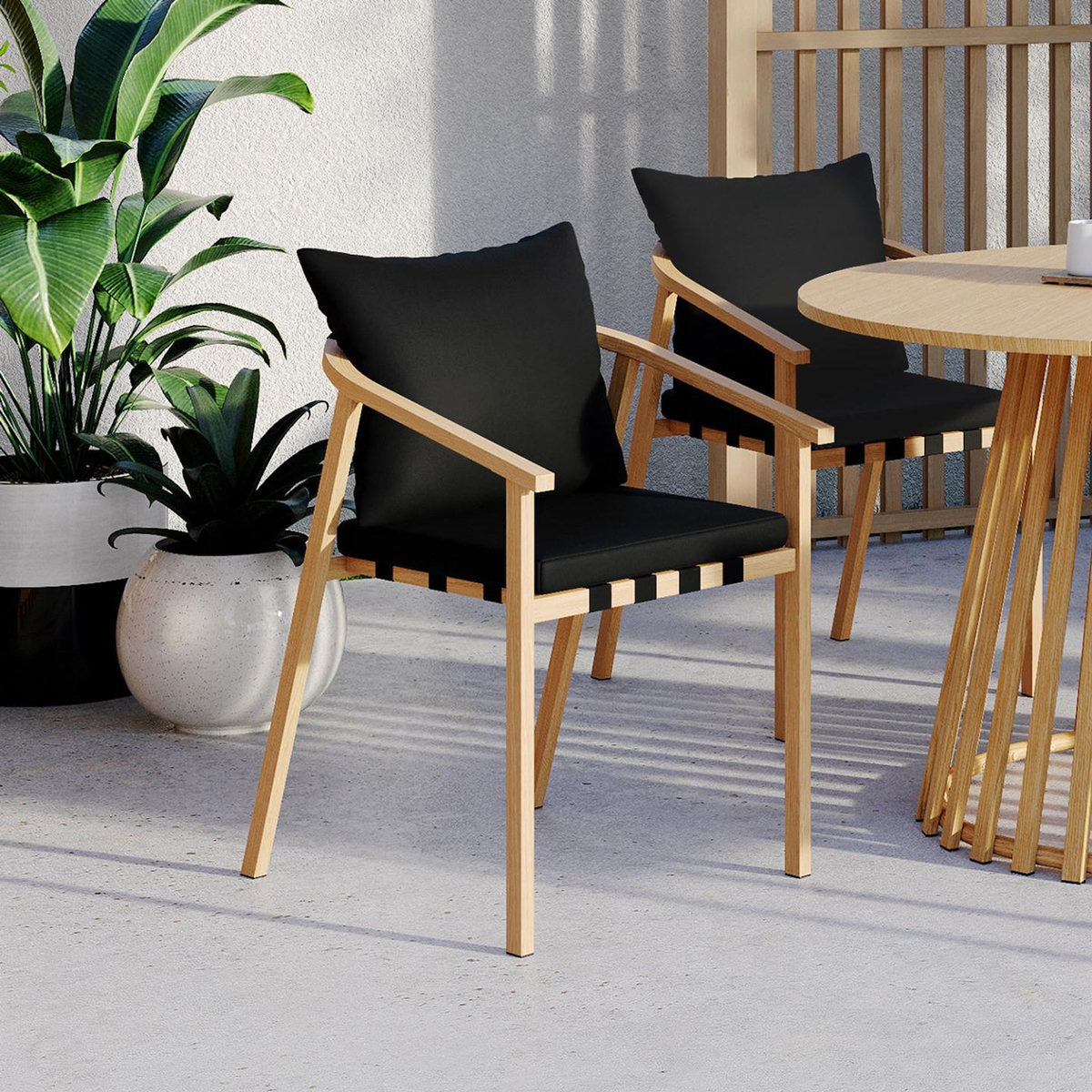 ID MARKET Lot de 4 chaises de jardin MALTA structure en métal effet bois, lanières et coussins noirs
