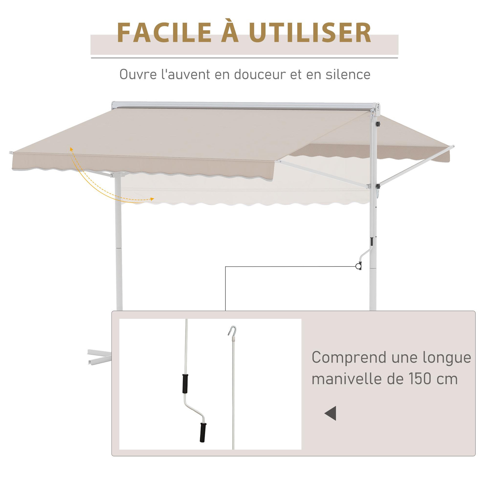 Voir la diapositive 5 : OUTSUNNY Store double pente manuel rétractable inclinaison réglable acier époxy blanc polyester imperméabilisé anti-UV beige dim. 3L x 2,95l x 2,6H m