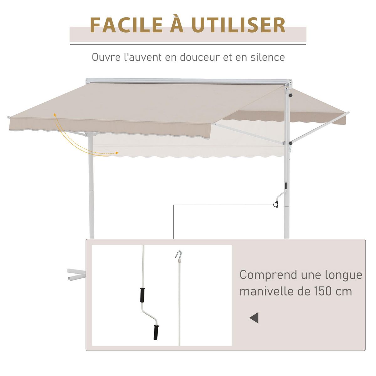 OUTSUNNY Store double pente manuel rétractable inclinaison réglable acier époxy blanc polyester imperméabilisé anti-UV beige dim. 3L x 2,95l x 2,6H m