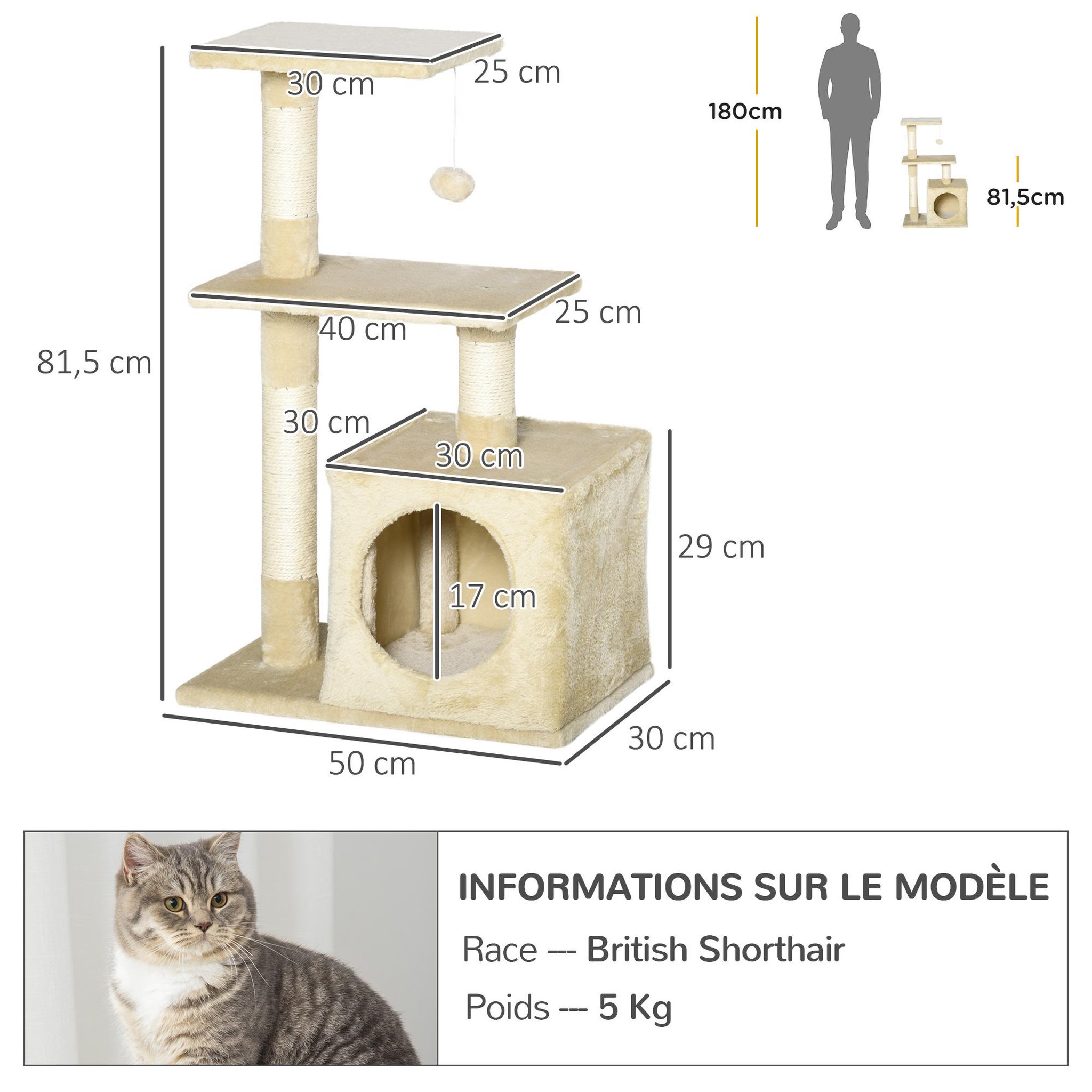 Voir la diapositive 3 : PAWHUT Arbre à chat h.81cm niche 3 griffoirs 2 plateformes jeu boule suspendue beige