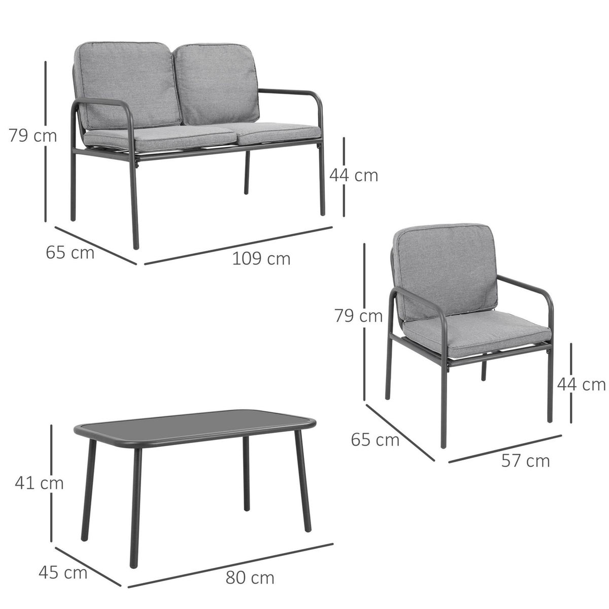 OUTSUNNY Ensemble salon de jardin 4 places 4 pièces - 8 coussins déhoussables inclus - métal époxy polyester gris