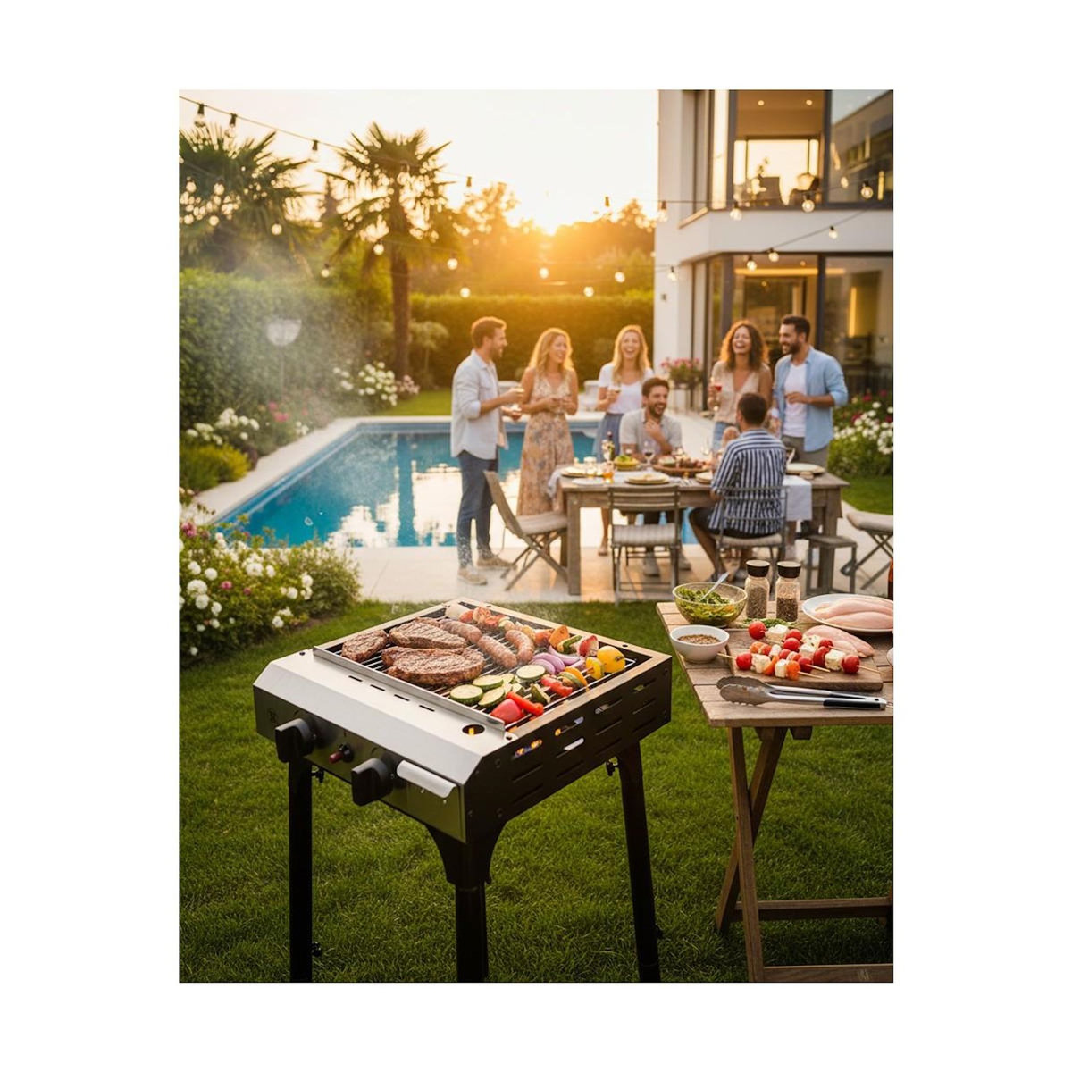 INTEC Plancha à gaz 4800W modulable 3 Hauteurs 2 Bruleurs Allumage Piezo - Plaque de cuisson Céramique 42x36cm INTEC