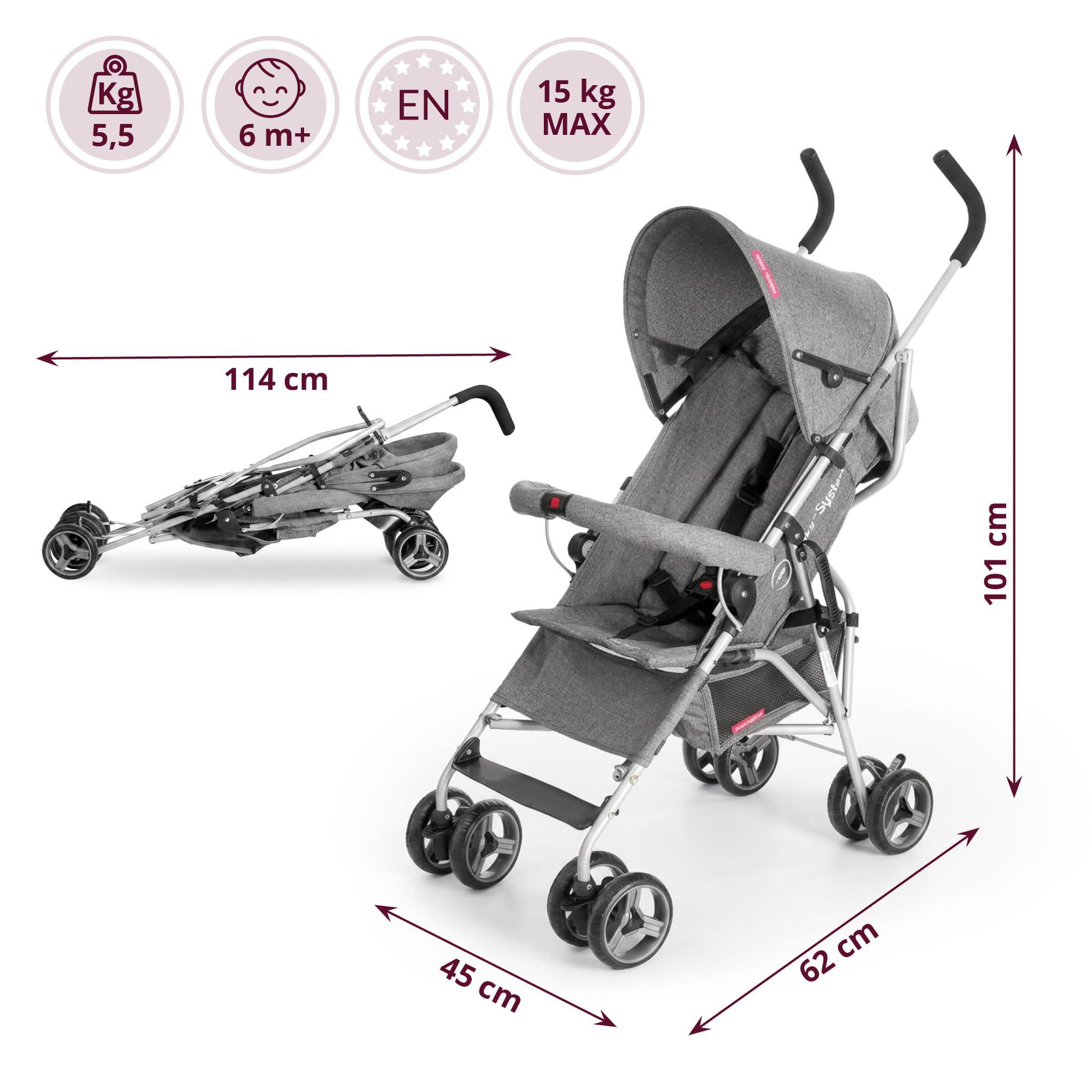 Voir la diapositive 3 : MOBY SYSTEM Poussette canne pliante légère BARTON GRAY Moby-System, 5,5 kg