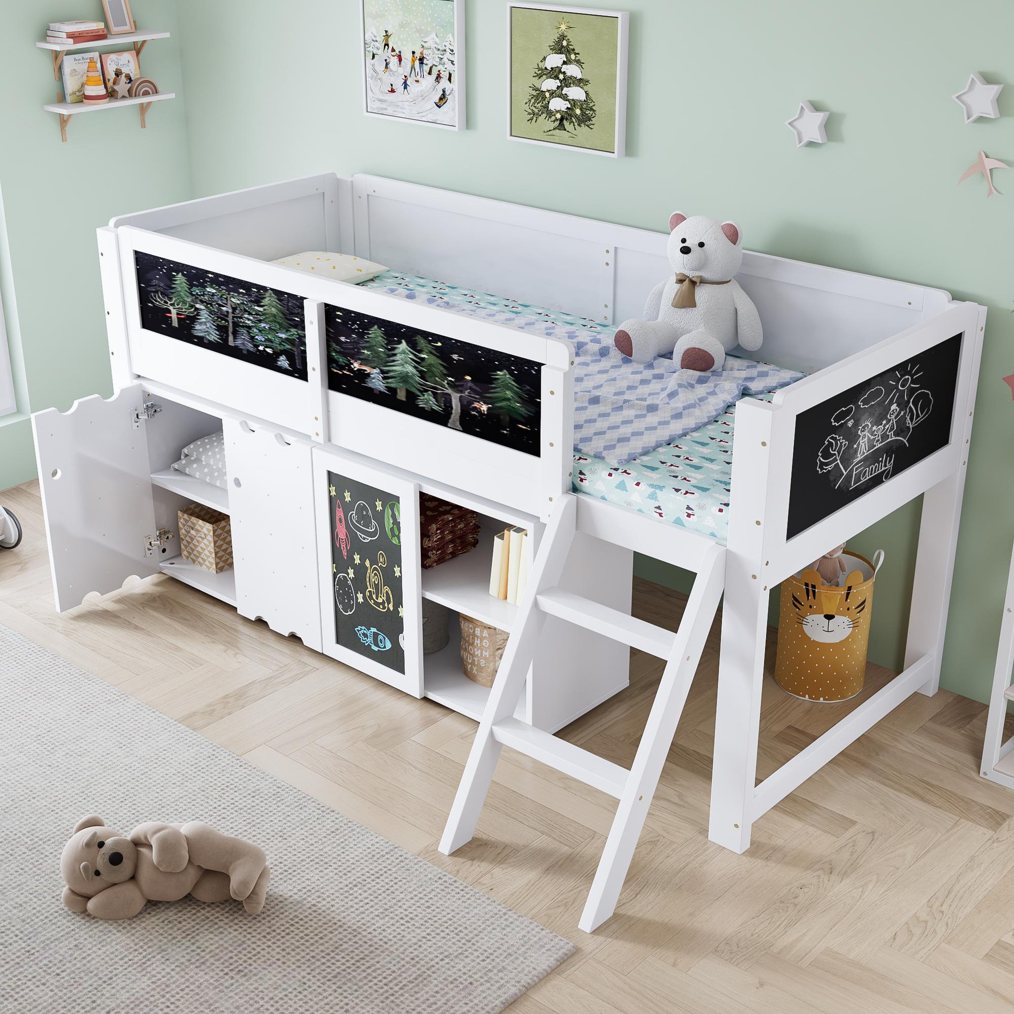 Voir la diapositive 5 : MERAX Lit enfant mi hauteur 90x200 cm coloris blanc pin